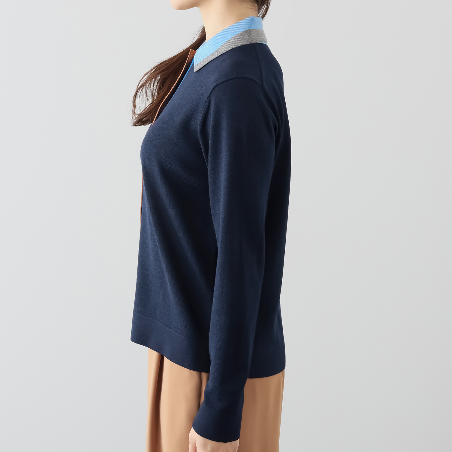 アズイズ　ビーマイセルフ バイ　ネイチャーズ ウールシルク 配色アクセント 襟付カーディガン