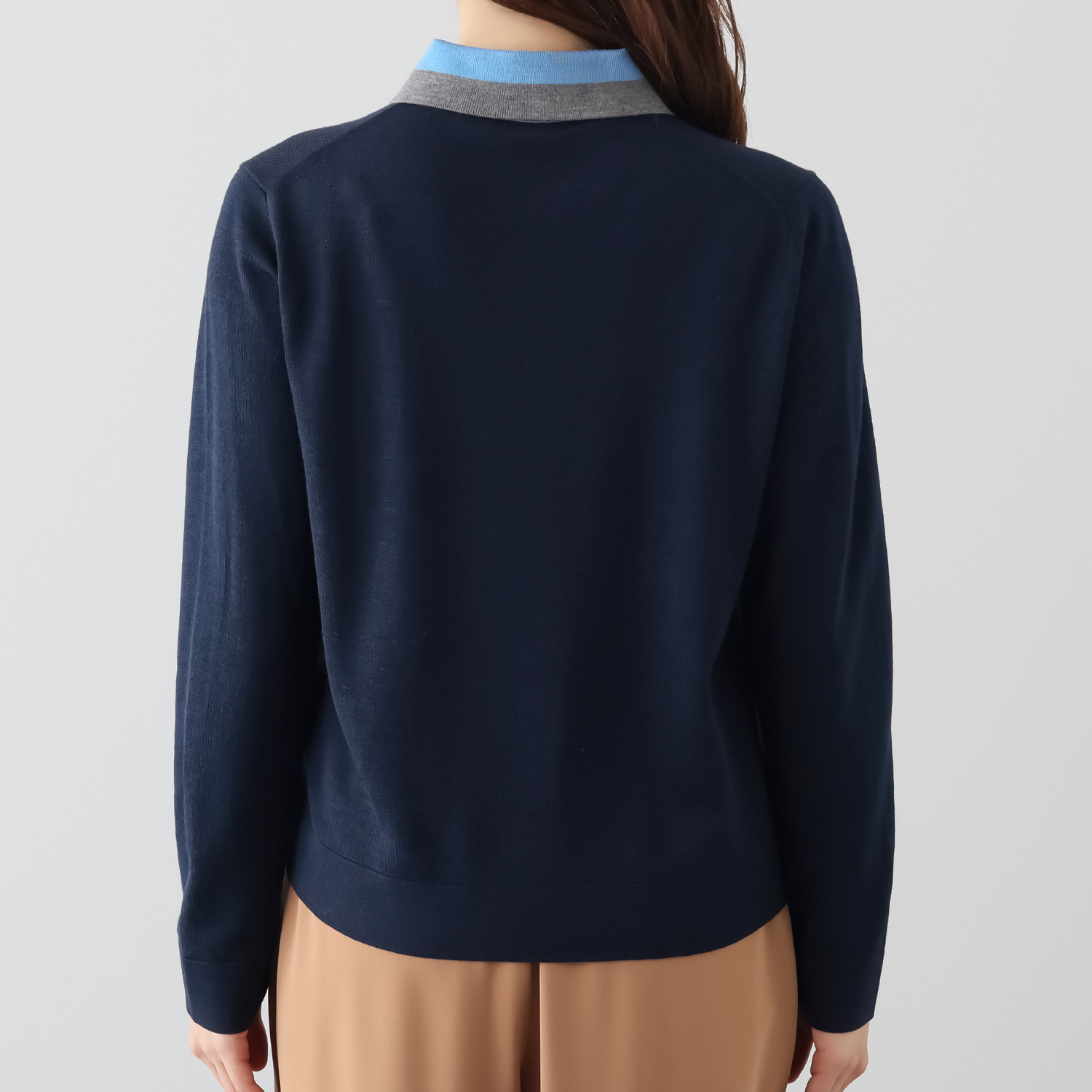 アズイズ　ビーマイセルフ バイ　ネイチャーズ ウールシルク 配色アクセント 襟付カーディガン