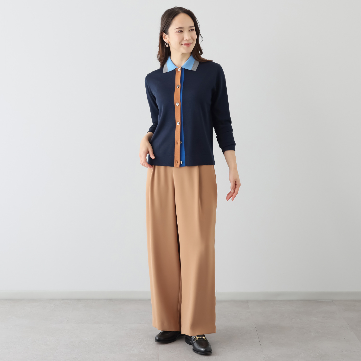 アズイズ　ビーマイセルフ バイ　ネイチャーズ ウールシルク 配色アクセント 襟付カーディガン