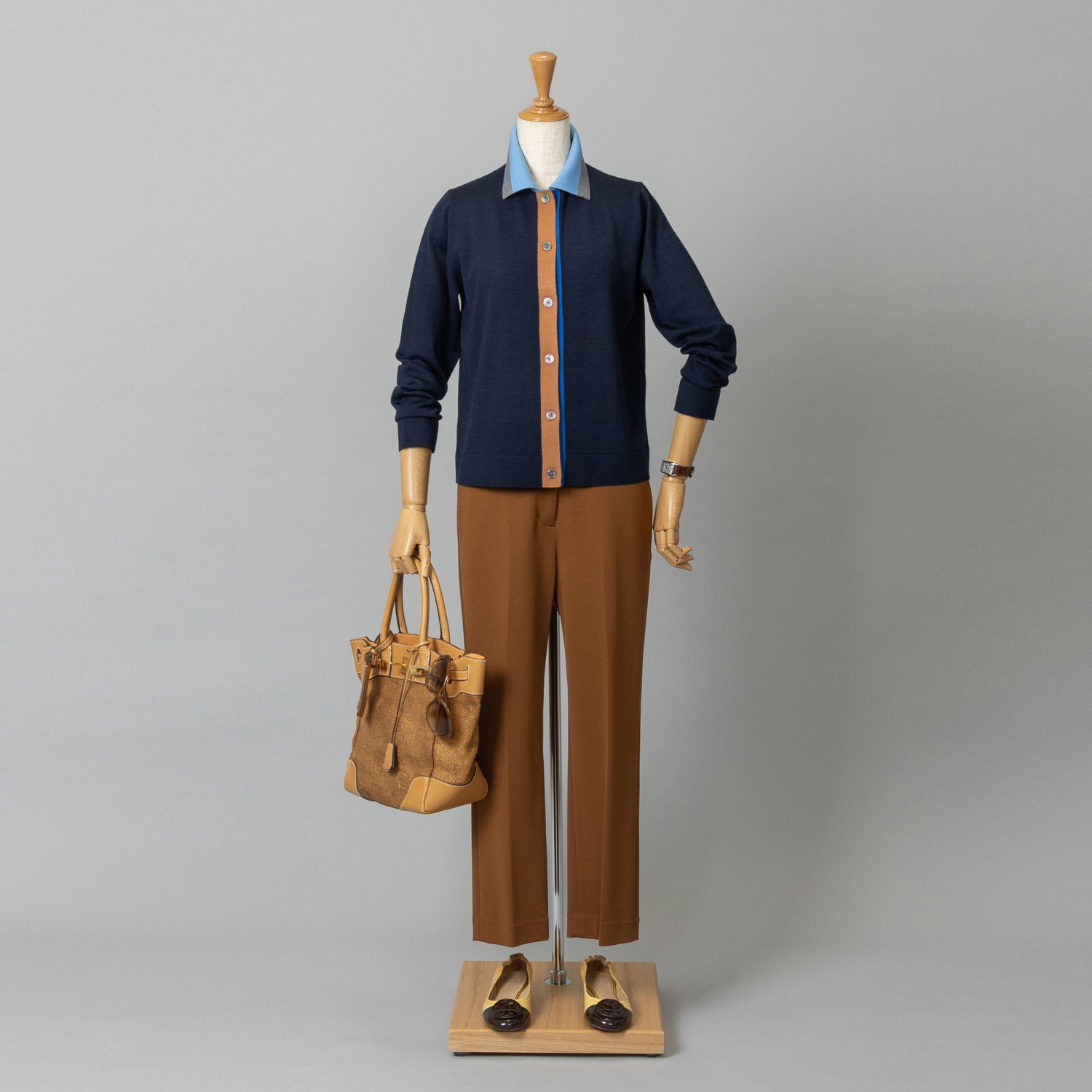 アズイズ　ビーマイセルフ バイ　ネイチャーズ ウールシルク 配色アクセント 襟付カーディガン