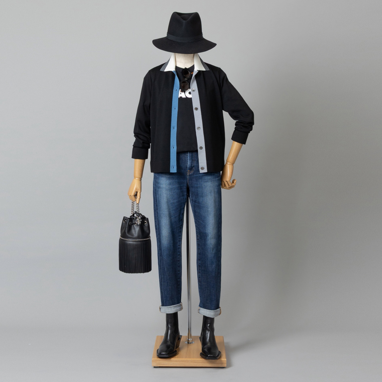 アズイズ　ビーマイセルフ バイ　ネイチャーズ ウールシルク 配色アクセント 襟付カーディガン