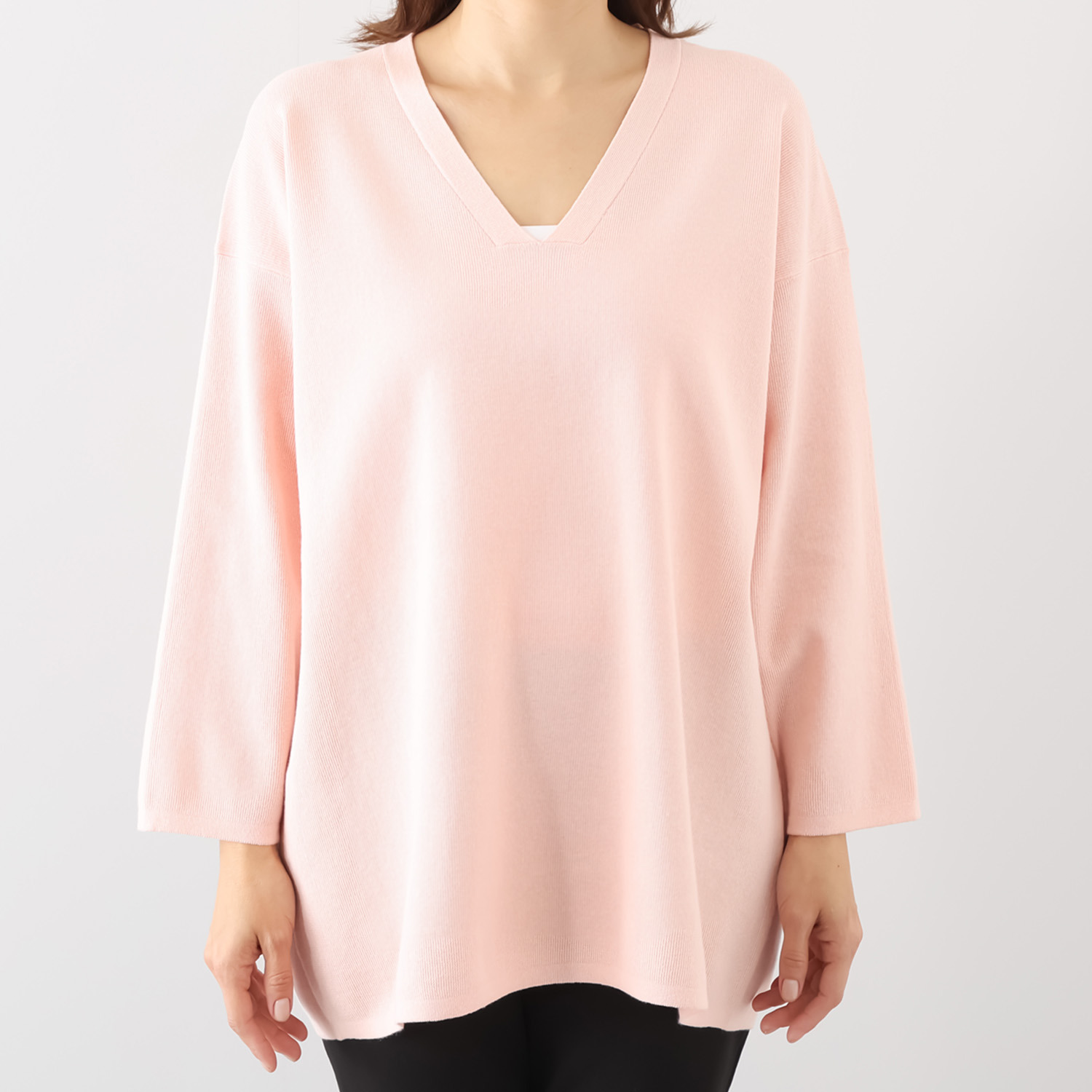 ヘ・エラ コットン混 Ｖネック スッキリ細見え ニットプルオーバー