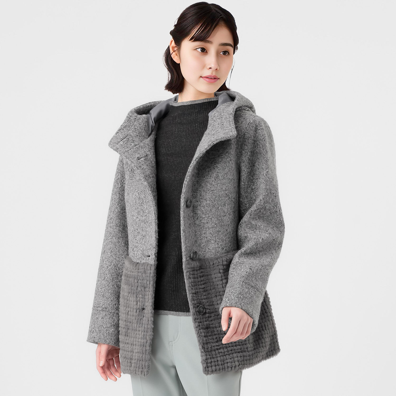 ダジュール フード付 異素材ミックスコート