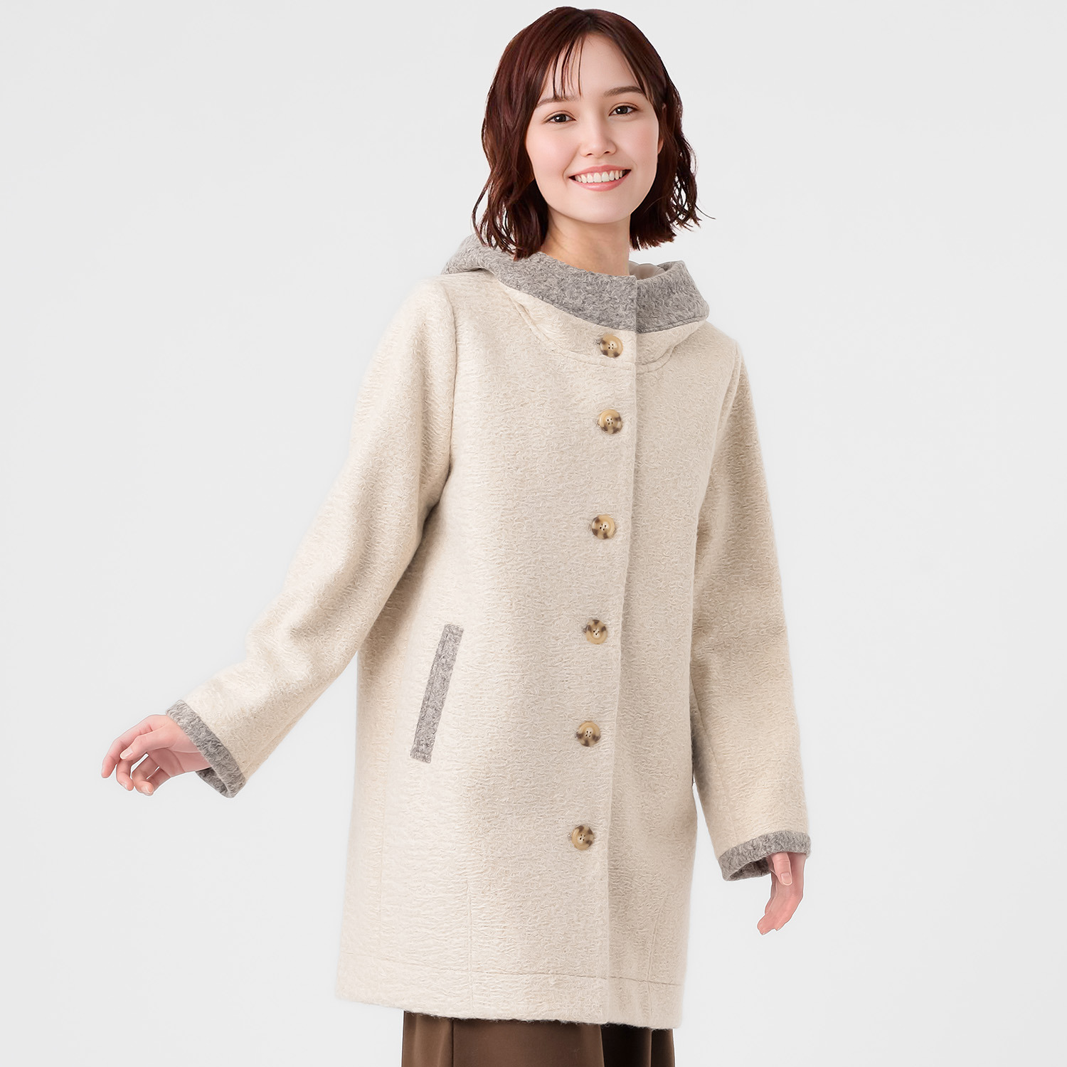 ダジュール フード付 ウールタッチ 配色コート