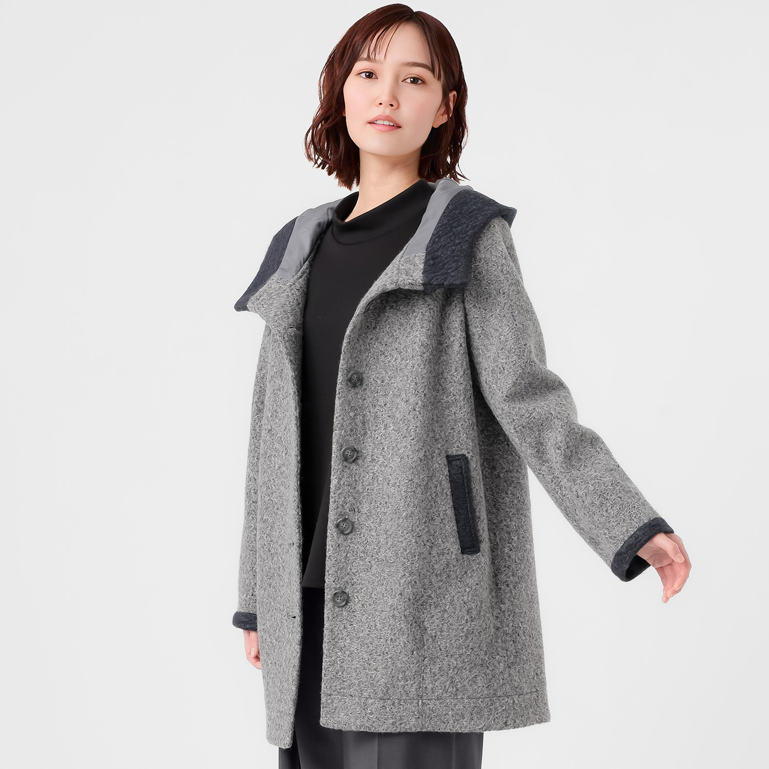 ダジュール フード付 ウールタッチ 配色コート