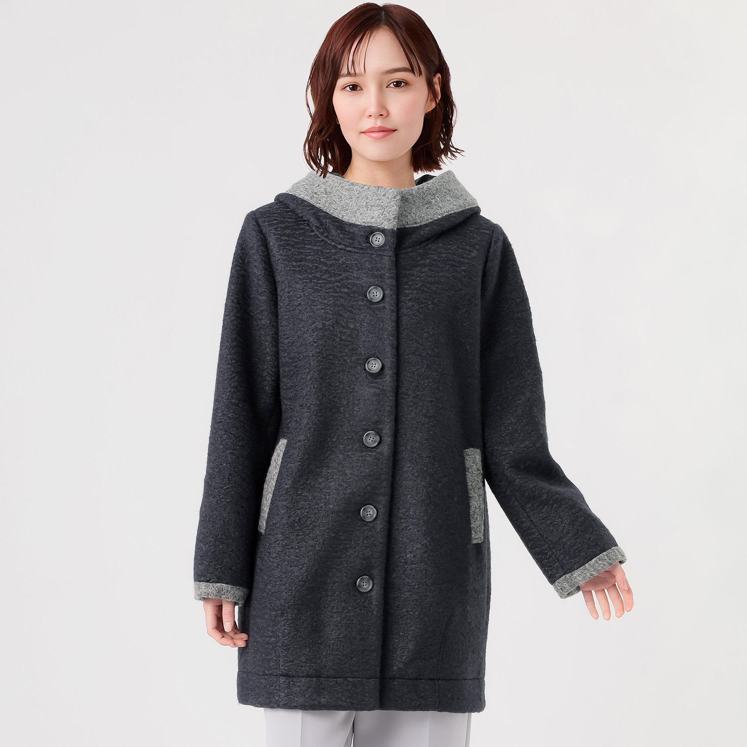 ダジュール フード付 ウールタッチ 配色コート