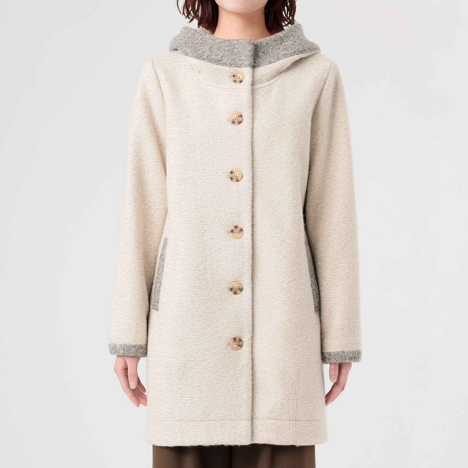 ダジュール フード付 ウールタッチ 配色コート