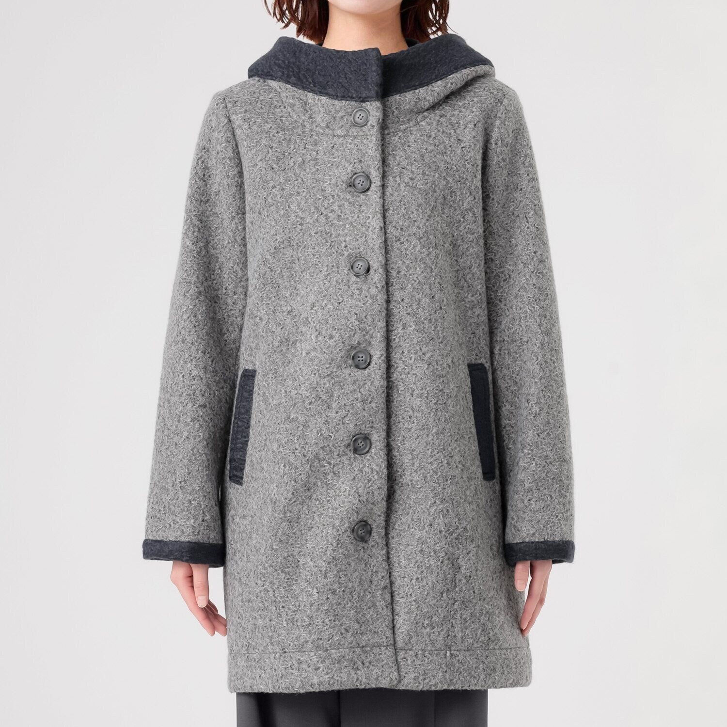 ダジュール フード付 ウールタッチ 配色コート