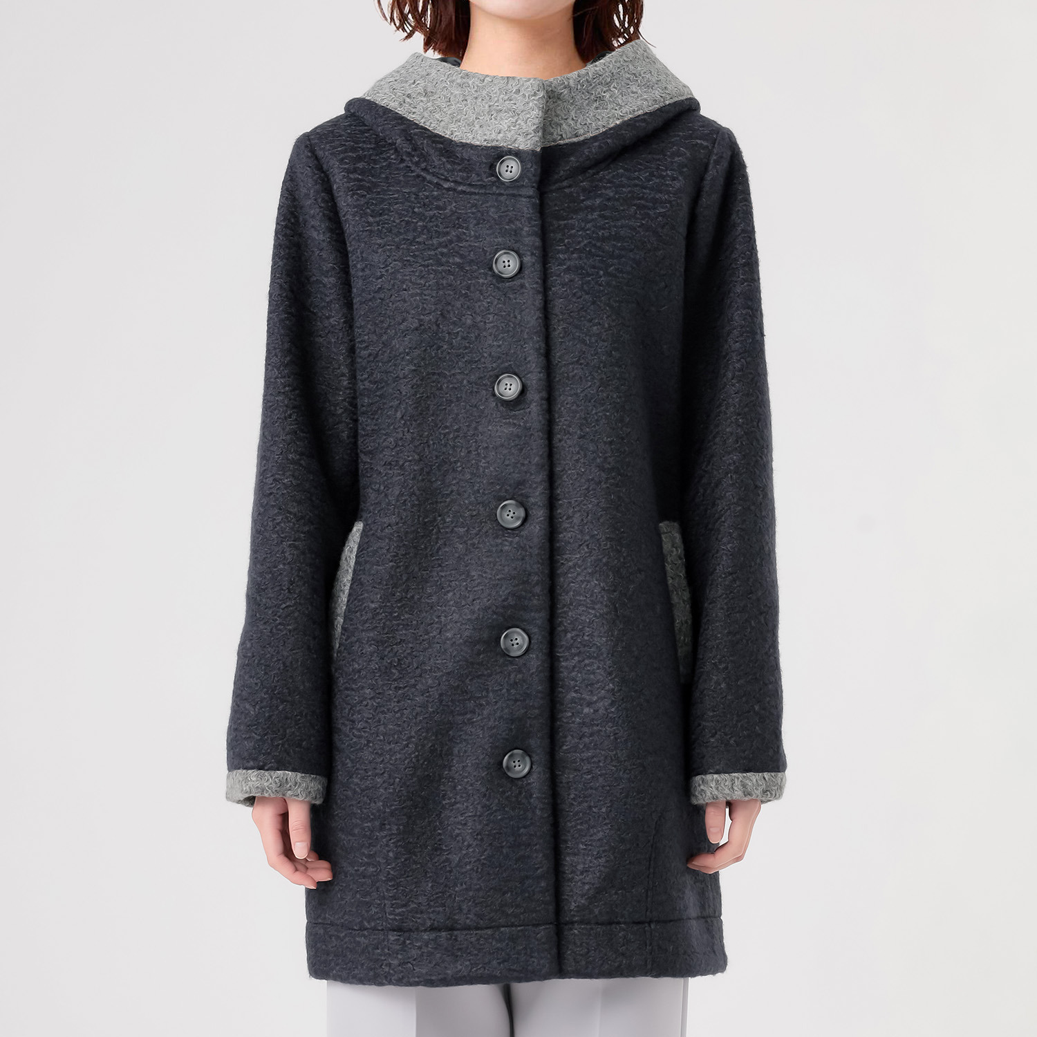 ダジュール フード付 ウールタッチ 配色コート