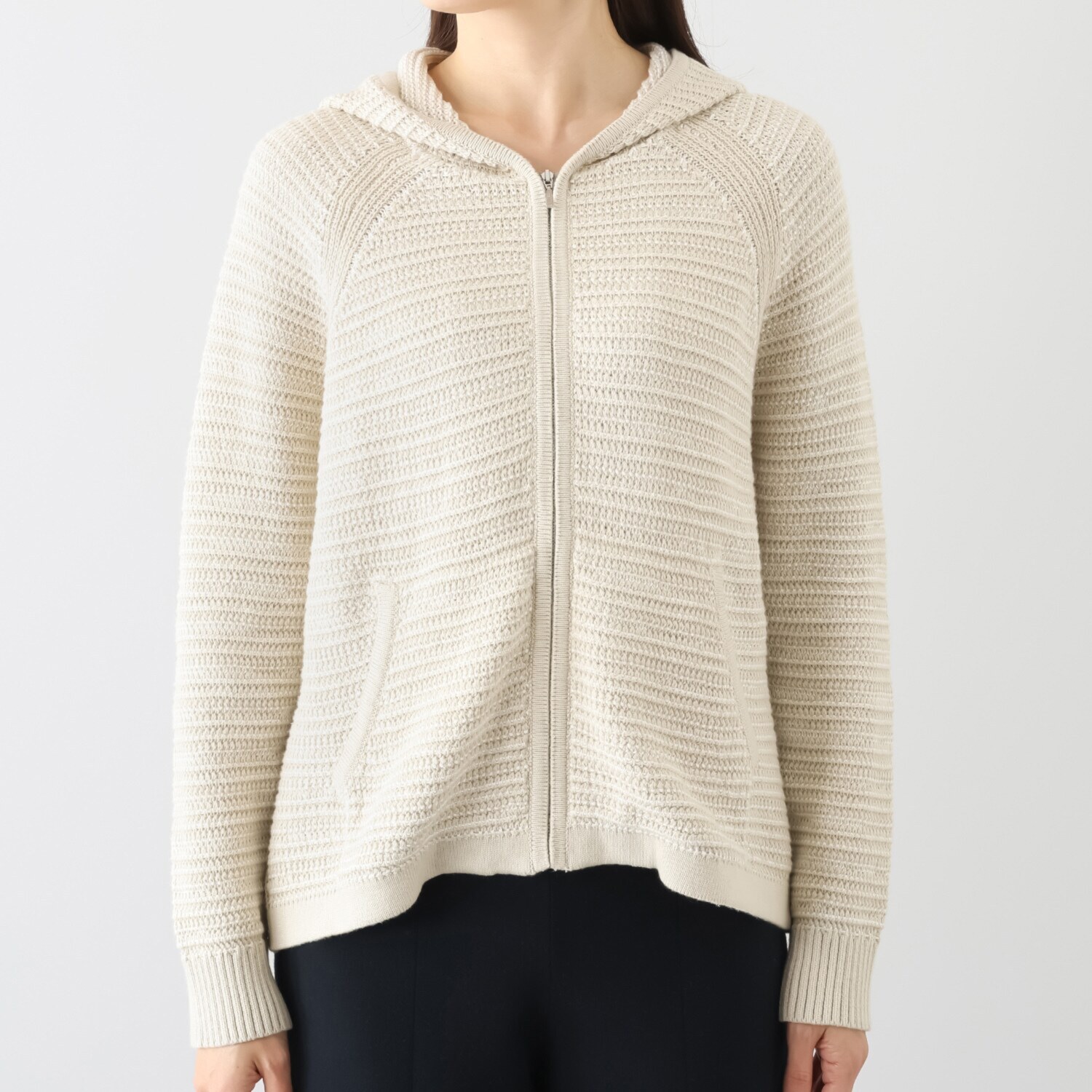 スピンブルー イタリアＭＴＢ社製 エーゲ海コットン 配色絡み編み ジップアップフーディー 