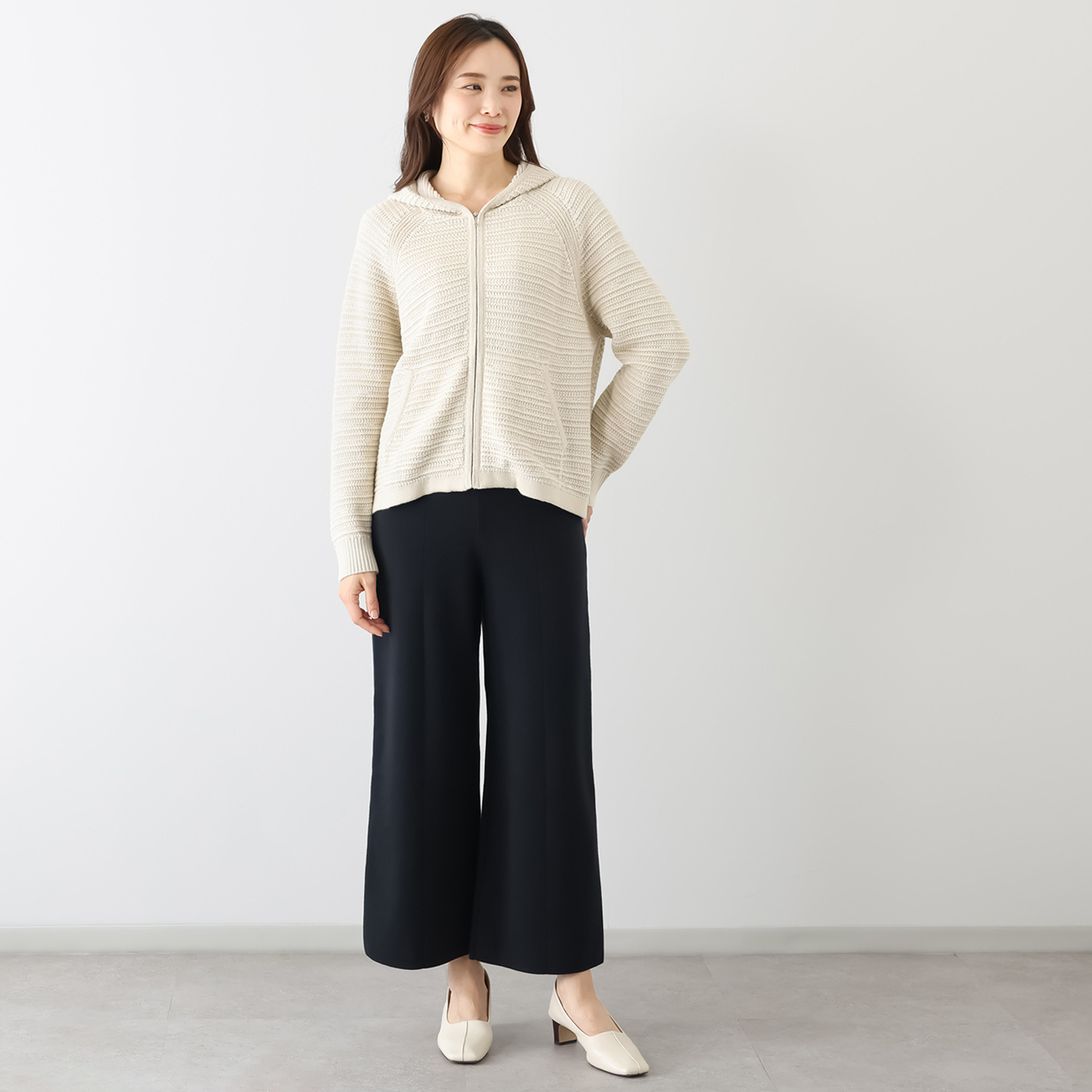 スピンブルー イタリアＭＴＢ社製 エーゲ海コットン 配色絡み編み ジップアップフーディー 