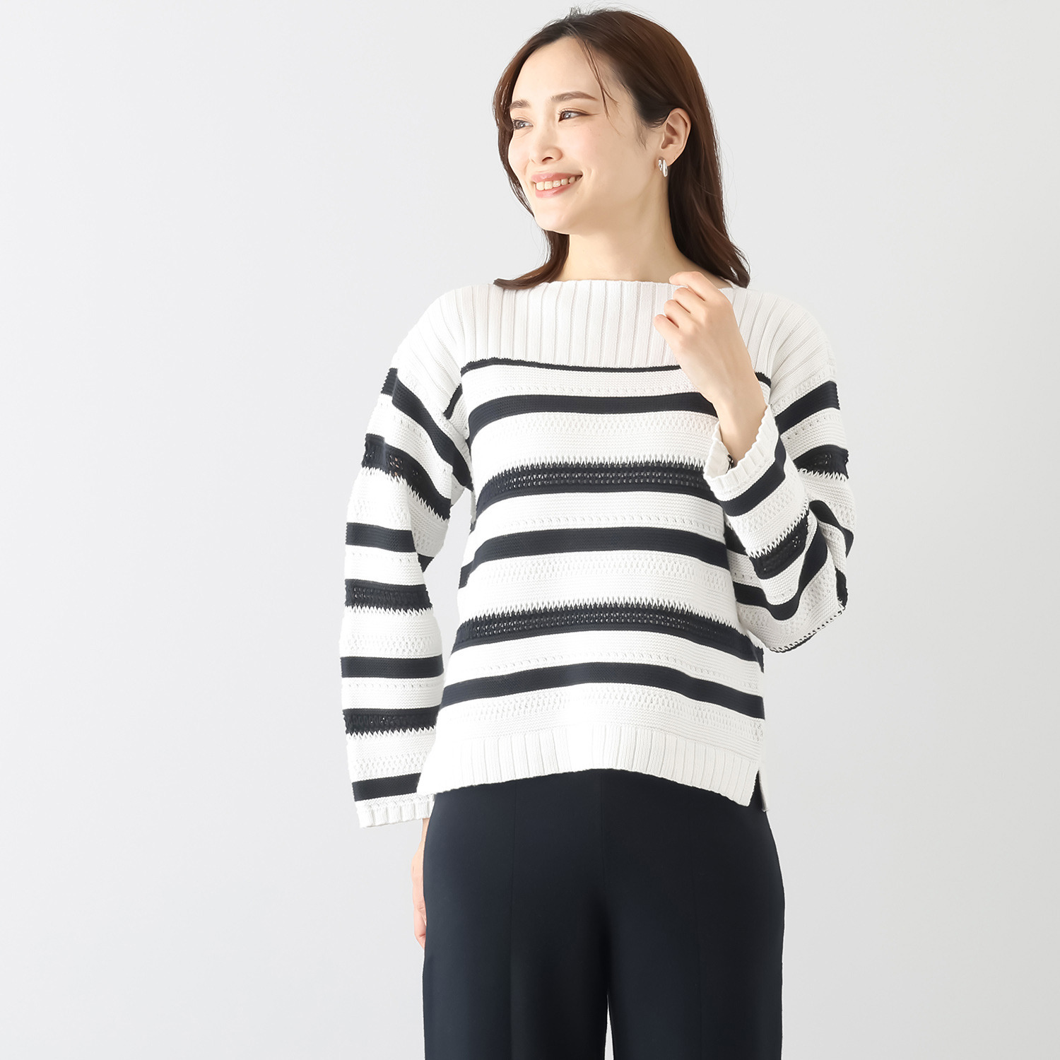 スピンブルー イタリアＭＴＢ社製 エーゲ海コットン 地柄ボーダー ボートネックプルオーバー