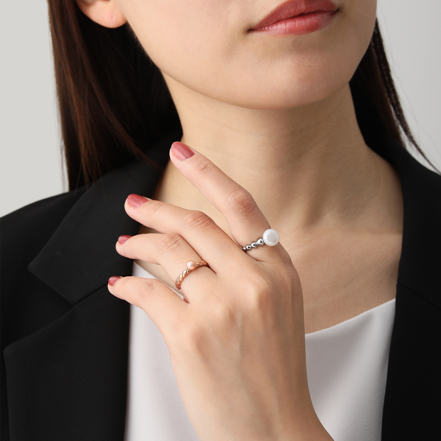 カリーナ・ペルラ ステンレス 淡水パール デザインリング ２本セット