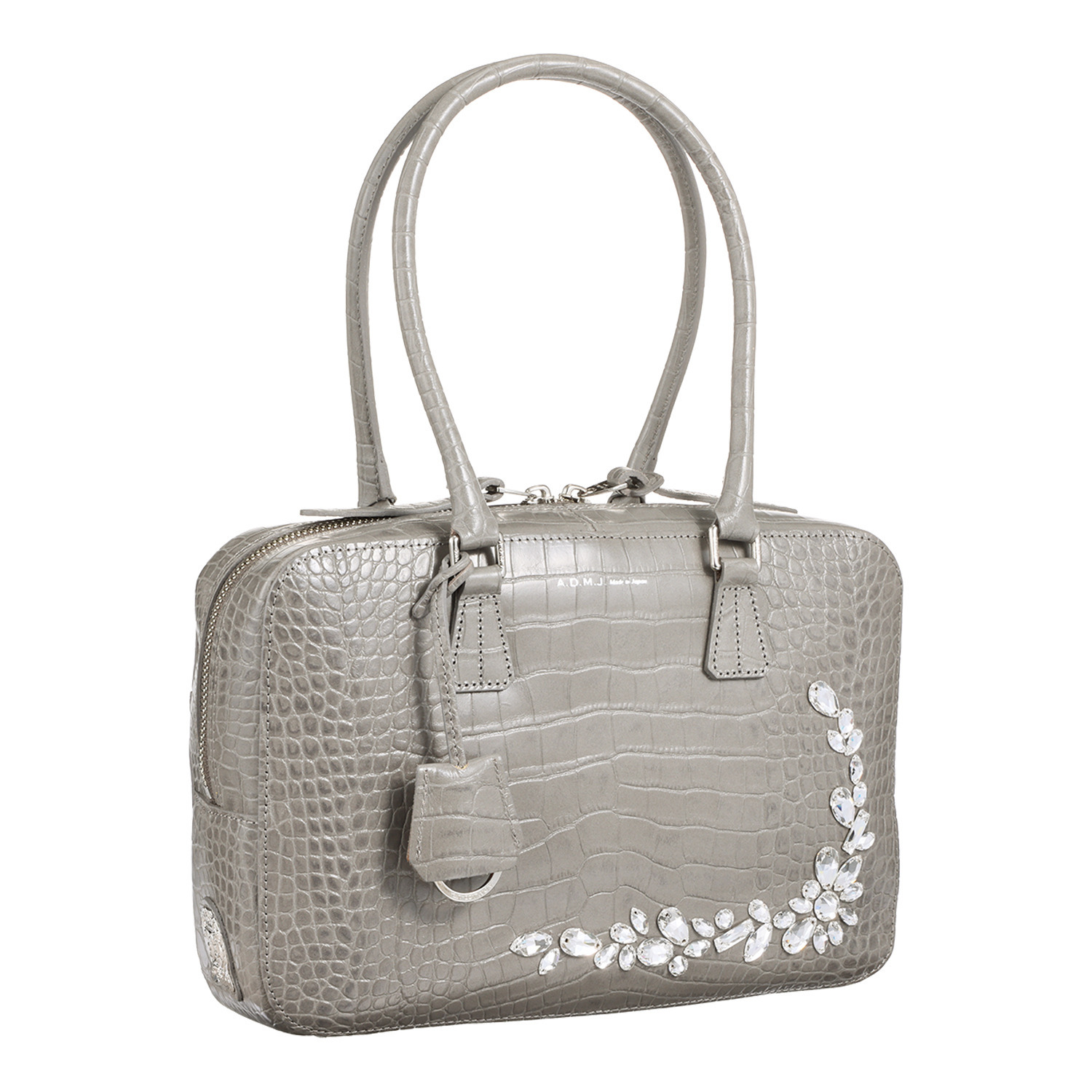 エーディーエムジェイ 牛革クロコダイル型押し クリスタルビジュウ ボストンバッグ
