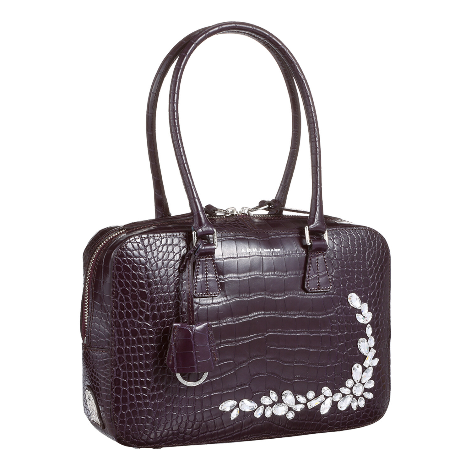 エーディーエムジェイ 牛革クロコダイル型押し クリスタルビジュウ ボストンバッグ