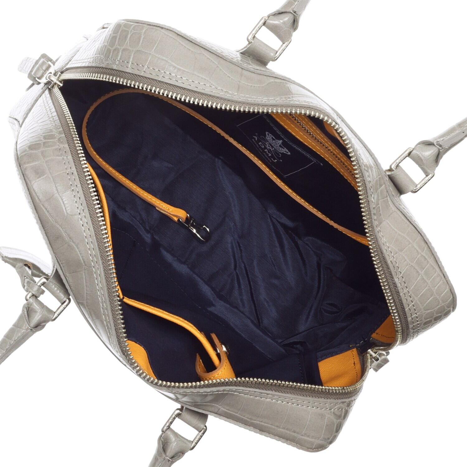 エーディーエムジェイ 牛革クロコダイル型押し クリスタルビジュウ ボストンバッグ