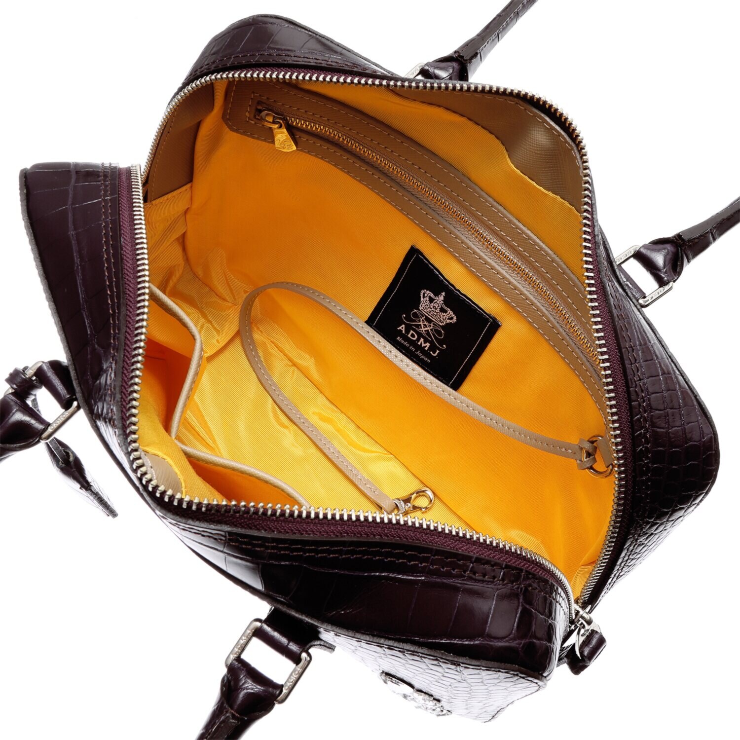 エーディーエムジェイ 牛革クロコダイル型押し クリスタルビジュウ ボストンバッグ