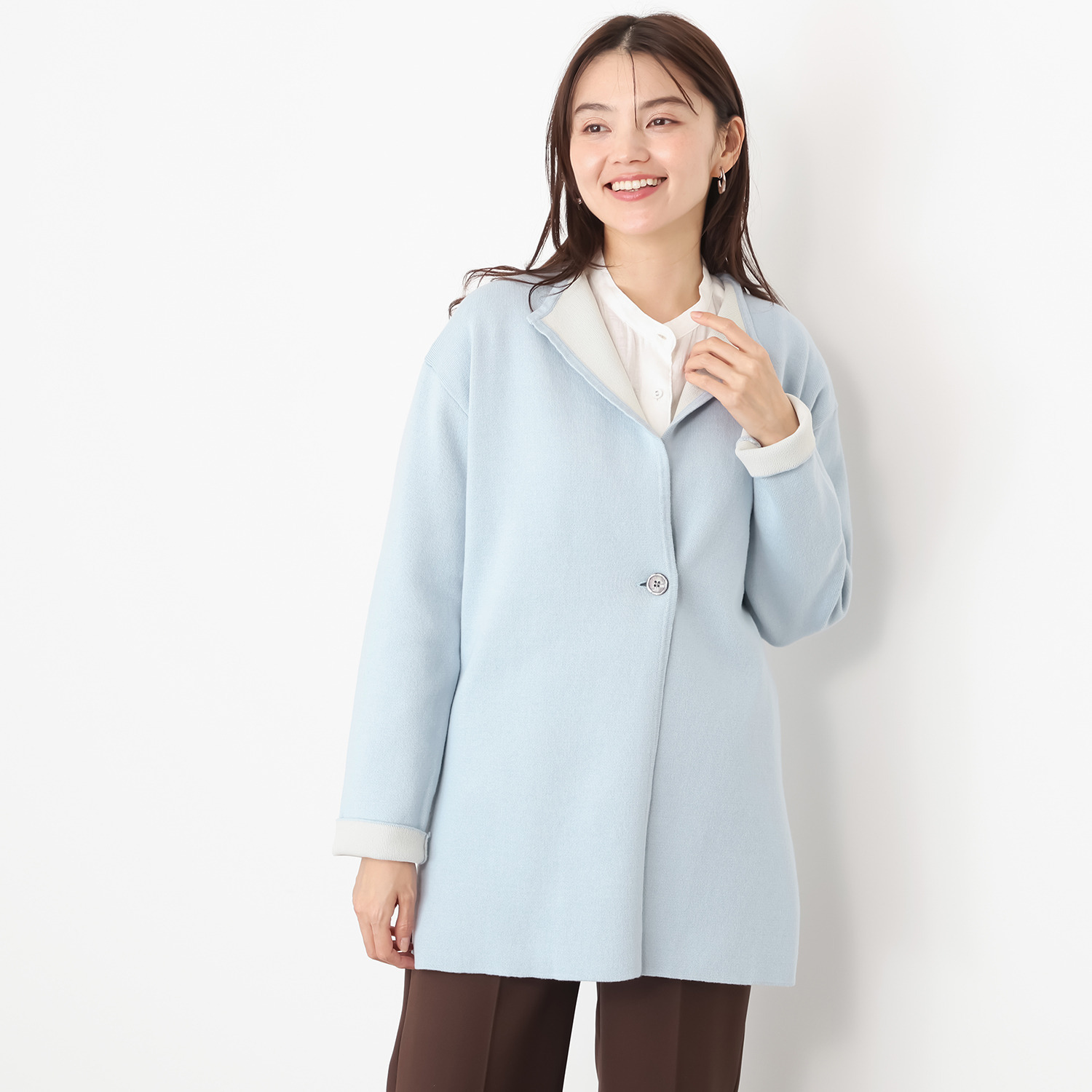 ソアージュ 上品バイカラーで魅せる 軽やかな着心地 ダブルフェイス ニットコーディガン