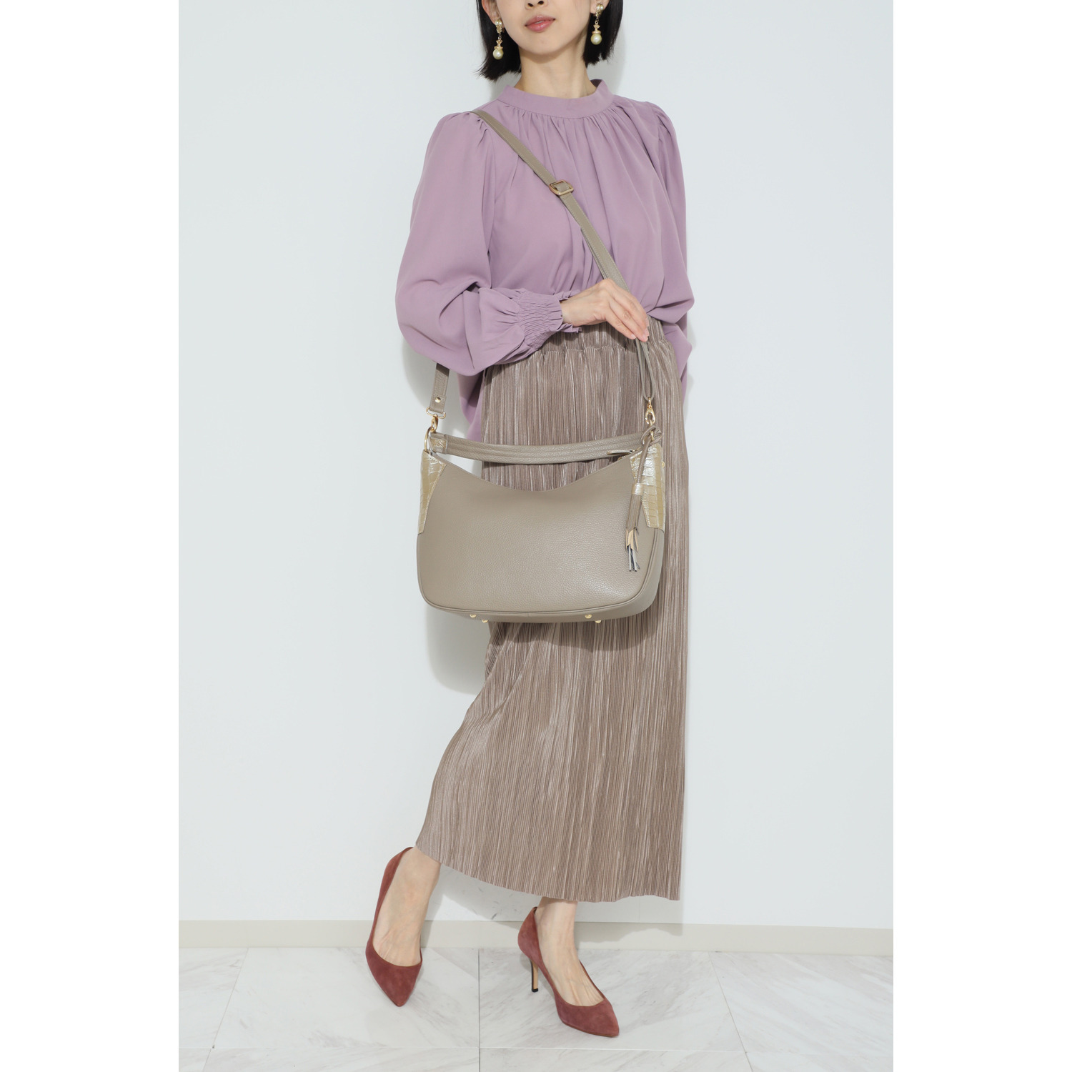 パープルクラウド 日本製 ソフトなイタリア製牛革＆ ポロサスクロコダイル ２ウェイバッグ