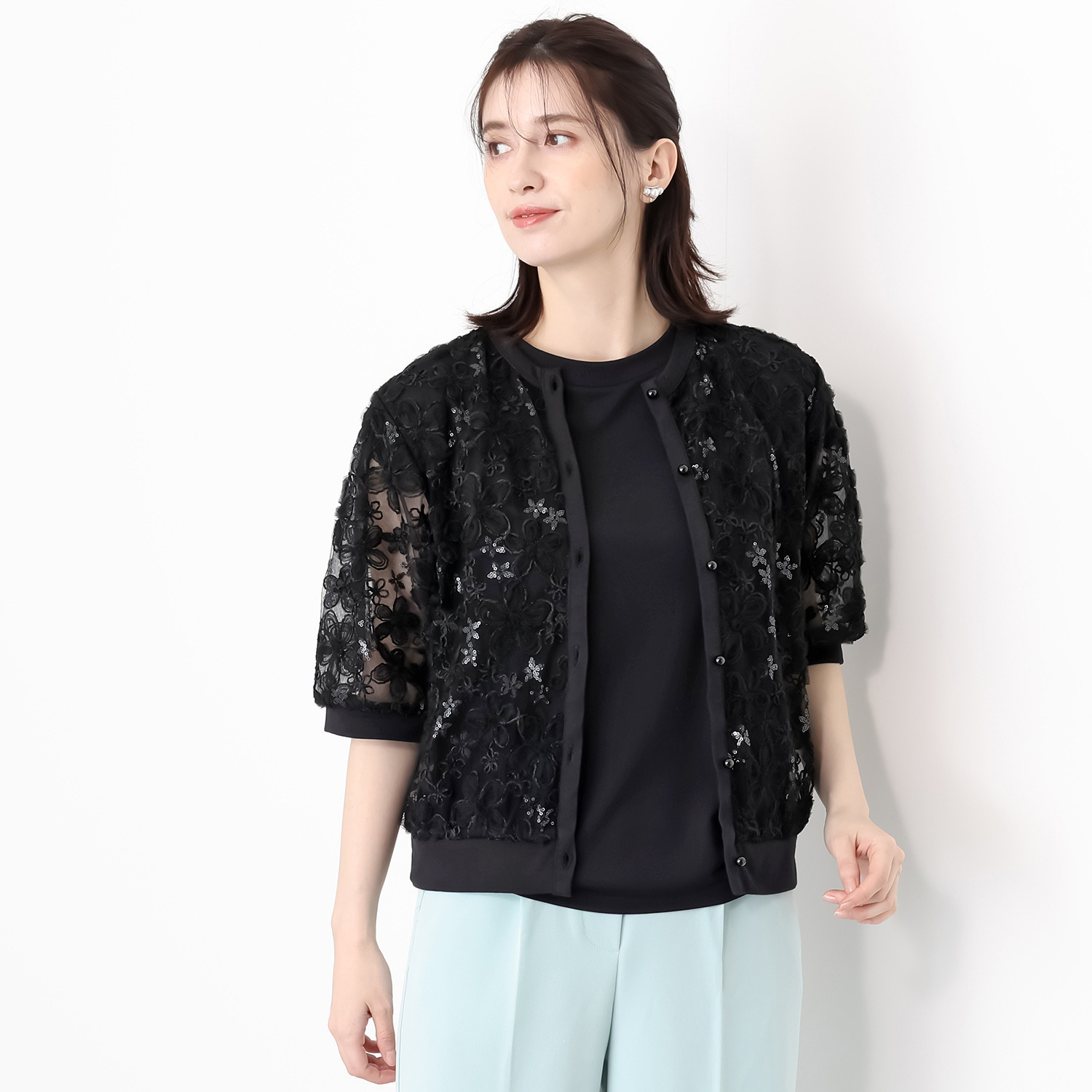 ルクオーレ スパンコールアクセント 立体チュール＆ モール刺しゅう 総レースカーディガン