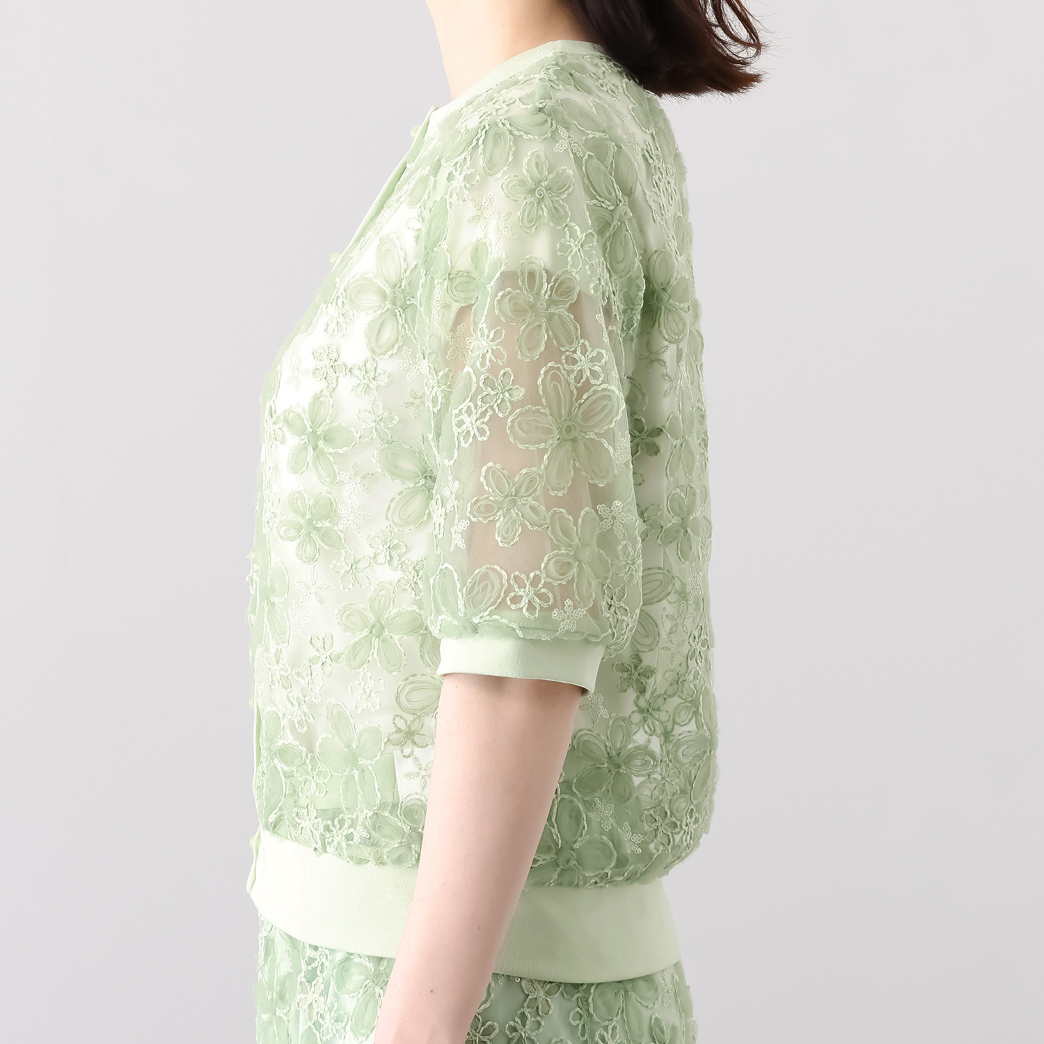 ルクオーレ スパンコールアクセント 立体チュール＆ モール刺しゅう 総レースカーディガン