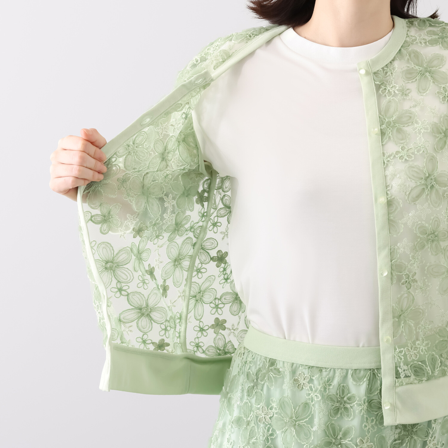 ルクオーレ スパンコールアクセント 立体チュール＆ モール刺しゅう 総レースカーディガン