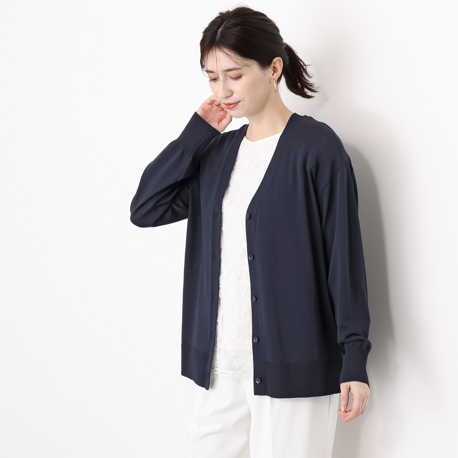 ルクオーレ 天竺ニット きれい見え Ｖネックカーディガン