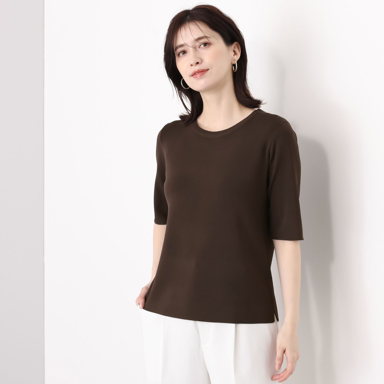 ルクオーレ 総針ニット きれい見え 五分袖プルオーバー