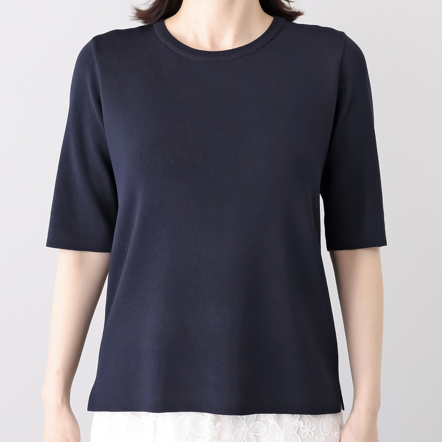 ルクオーレ 総針ニット きれい見え 五分袖プルオーバー