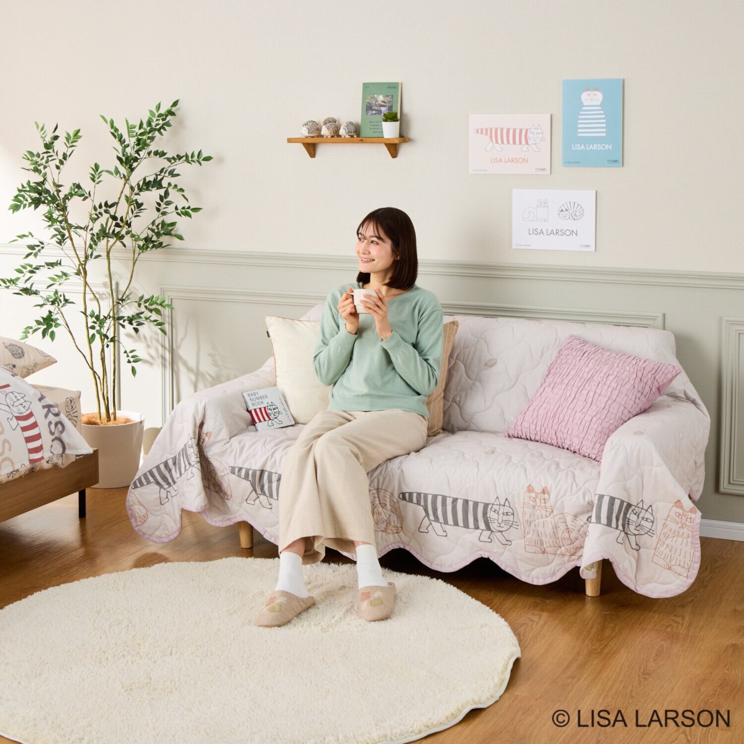 リサ・ラーソン 猫とハリネズミ リバーシブル マルチキルトカバー ＜１９０×２４０ｃｍ＞