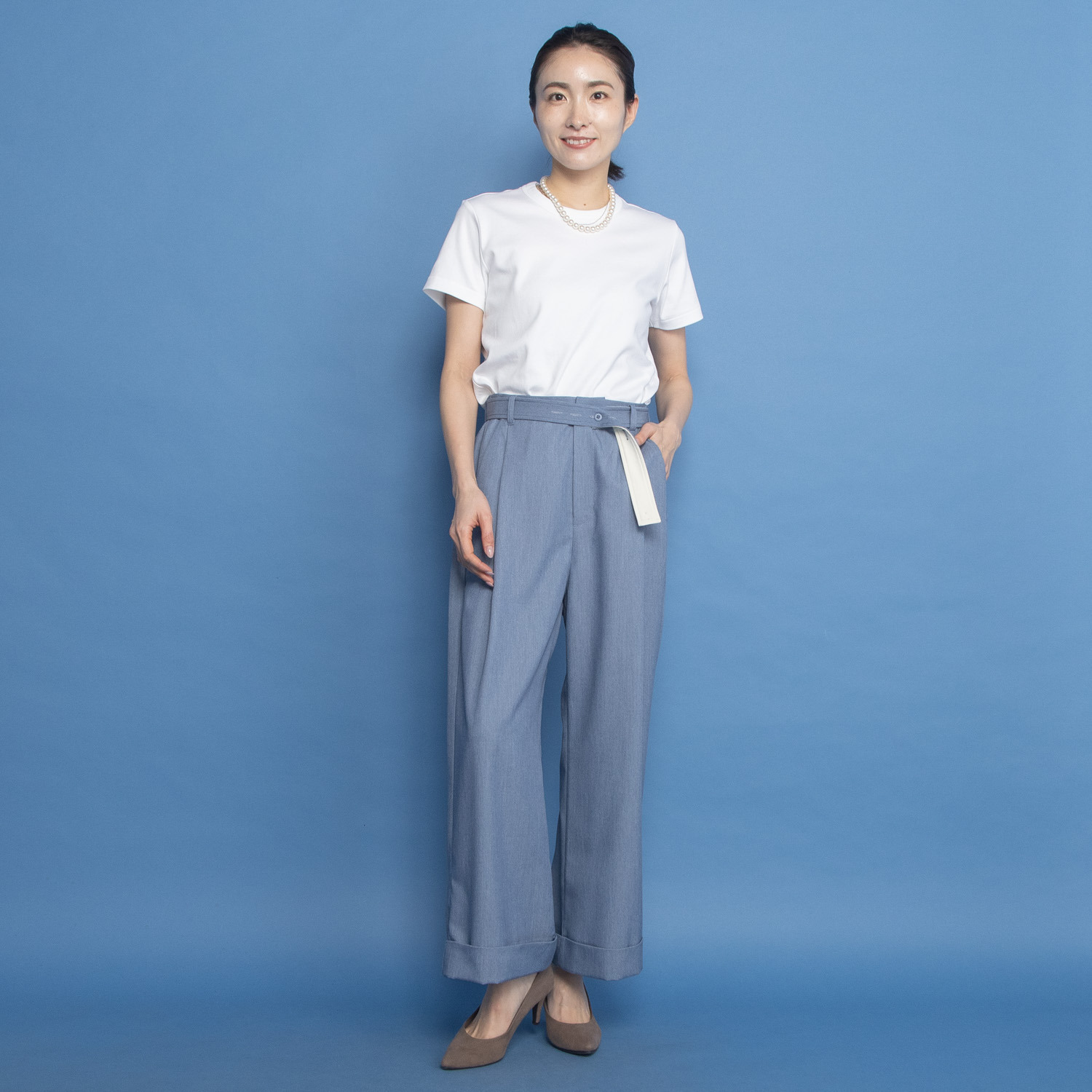 オンザビーバイサマーミー 安心と洗練を叶える 配色共布ベルト付 ワイドストレートパンツ