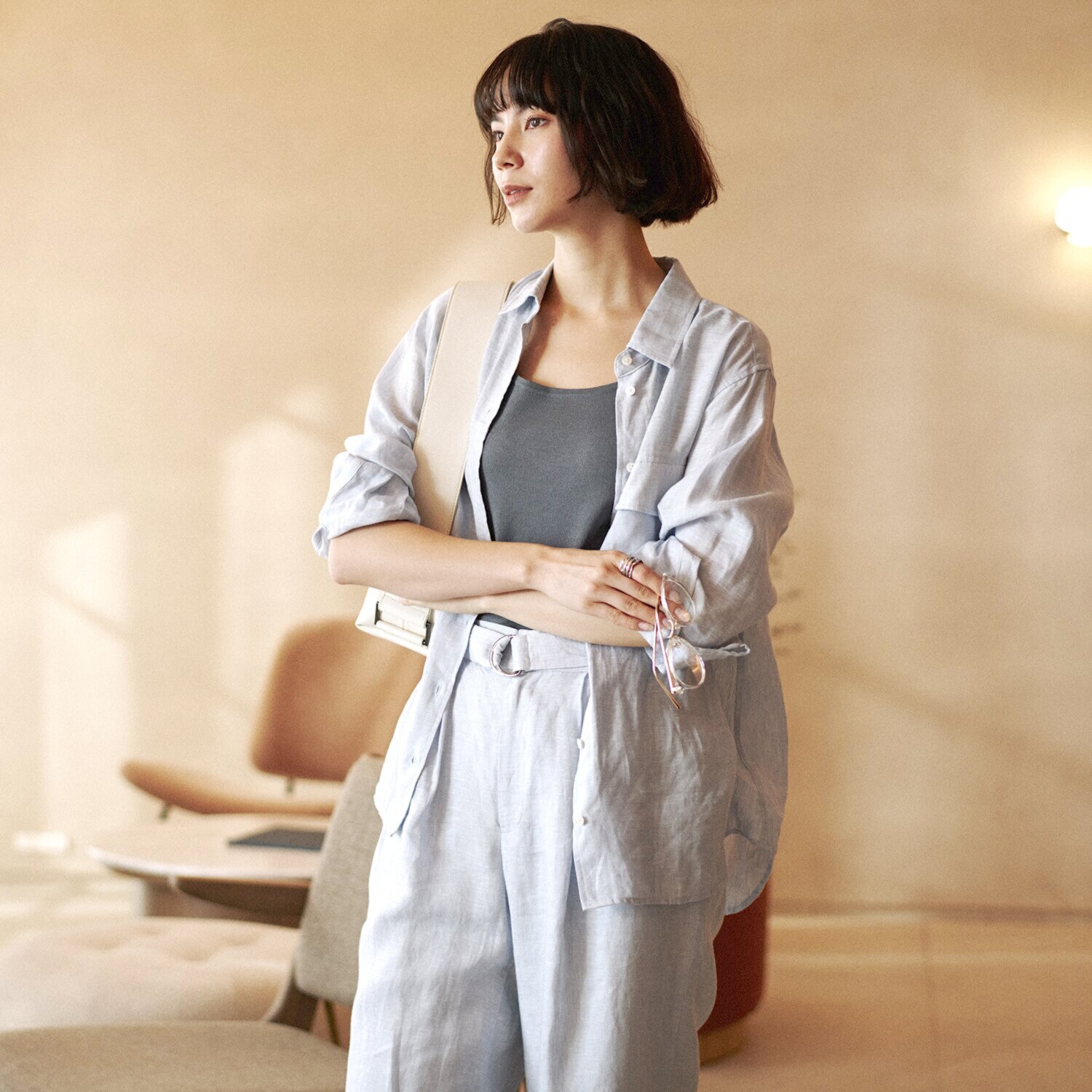 亀　恭子セレクト！ パールアンドクイーン フランス・ ノルマンディー産 プラチナプレミアムリネン １００％ ダブルポケットシャツ