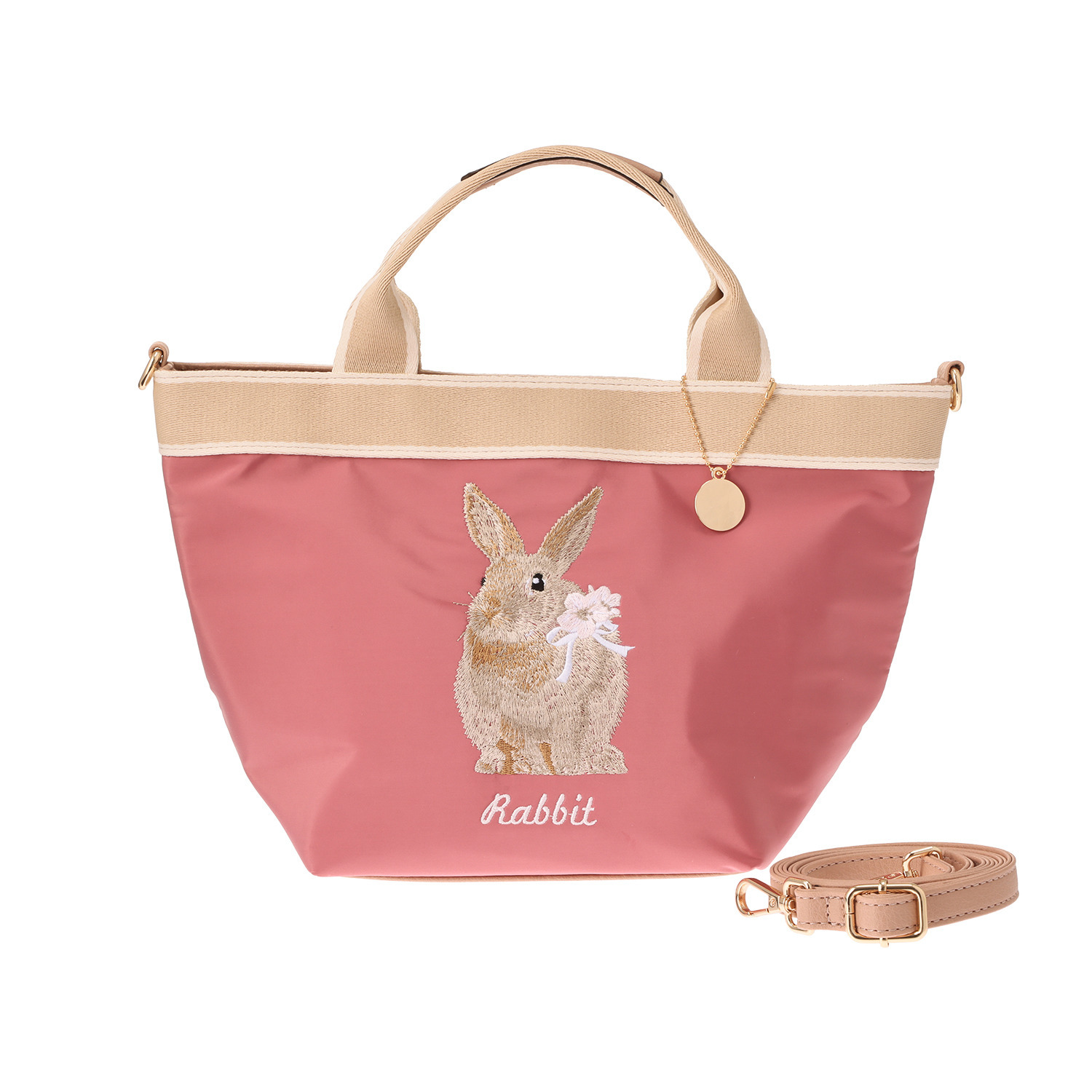 ラルジュ プレートチャーム付 テープアクセント 刺しゅう ２ウェイ舟形トートバッグ