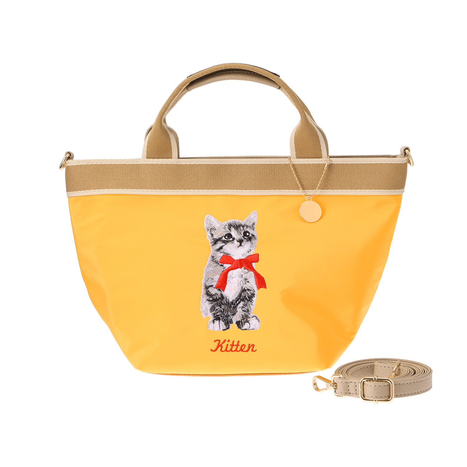 ラルジュ プレートチャーム付 テープアクセント 刺しゅう ２ウェイ舟形トートバッグ