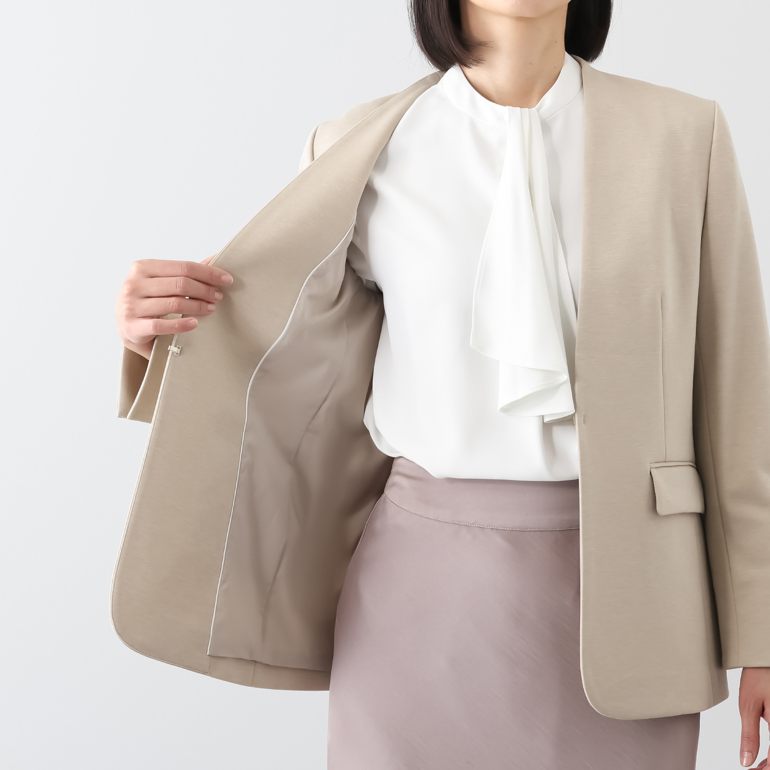 ポルトゥヴィーダ ウォッシャブル・はっ水 防汚・ニット素材 ノーカラージャケット