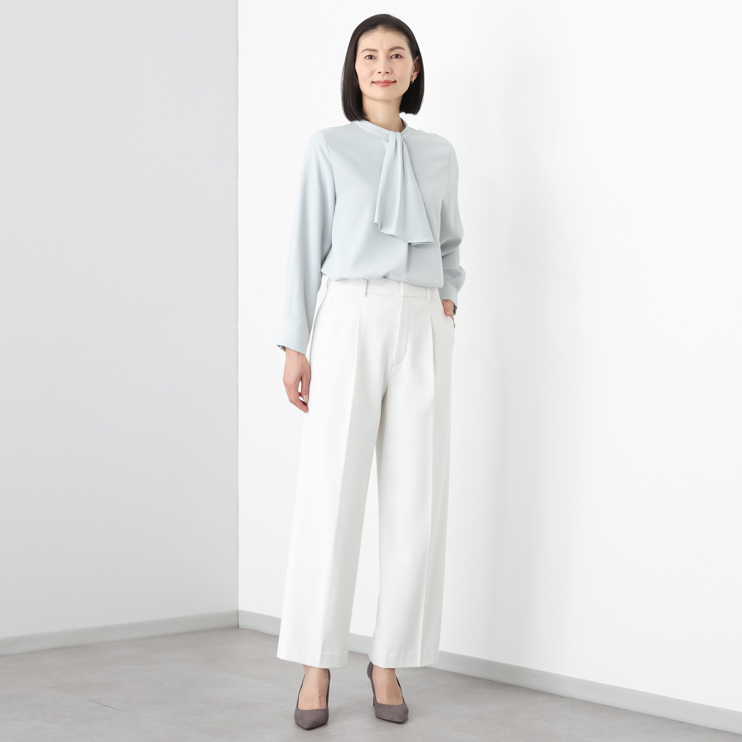 ポルトゥヴィーダ ウォッシャブル ストレッチ ボウタイ長袖ブラウス