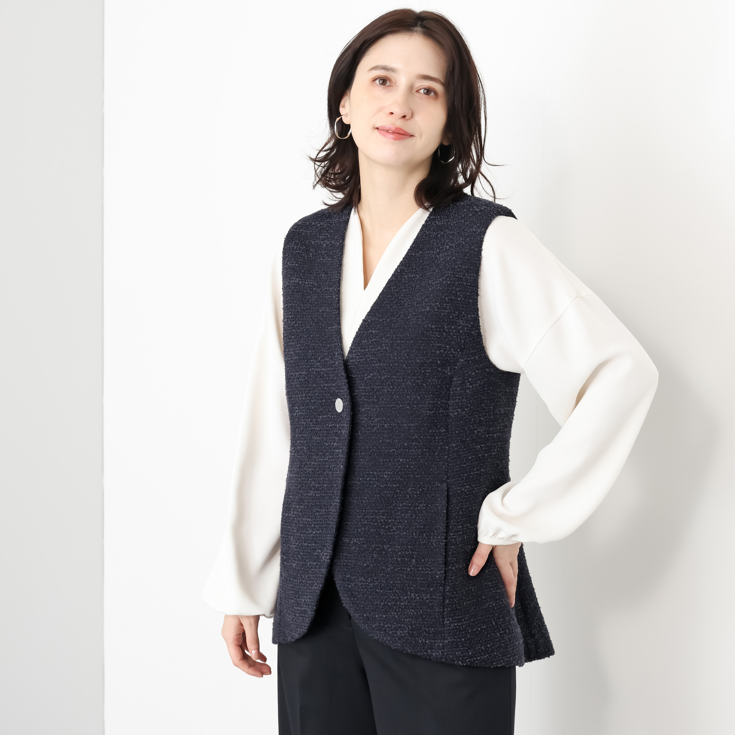 ポルトゥヴィーダ ミックスツイード ノーカラージレ