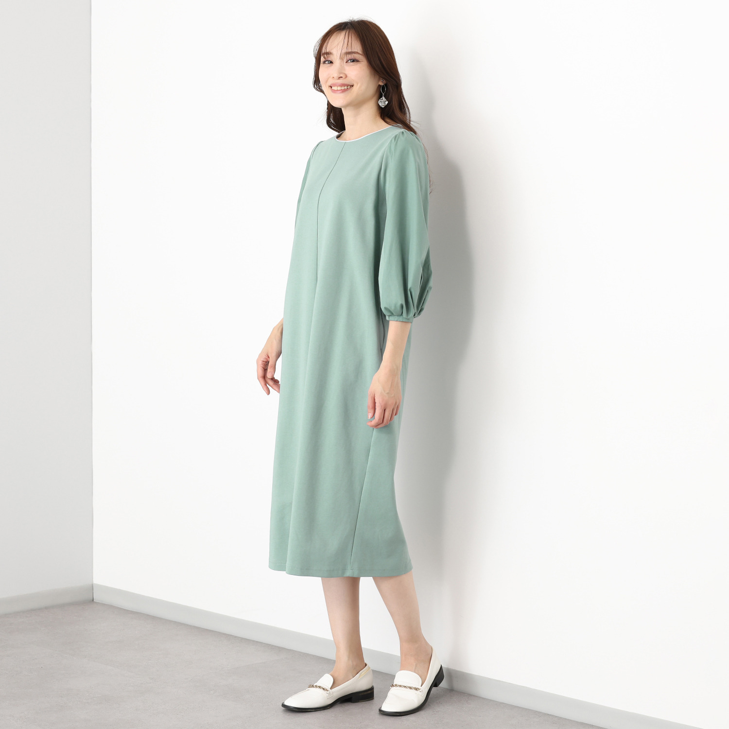 アンリック　オー　ブルー ソフトポンチ 異素材切替 袖コンシャスワンピース