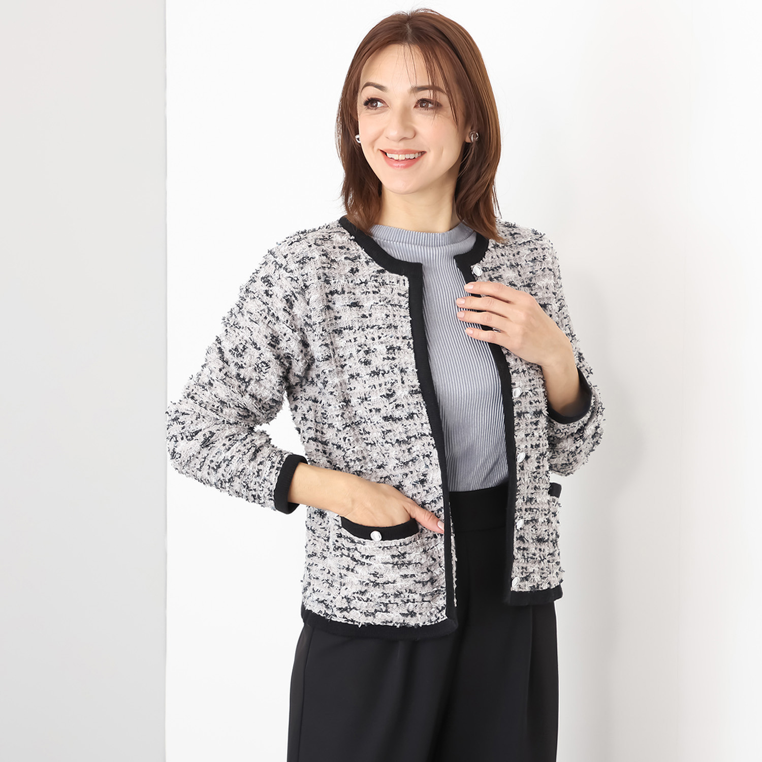 アンブリエ ミックスツイード ニットジャケット