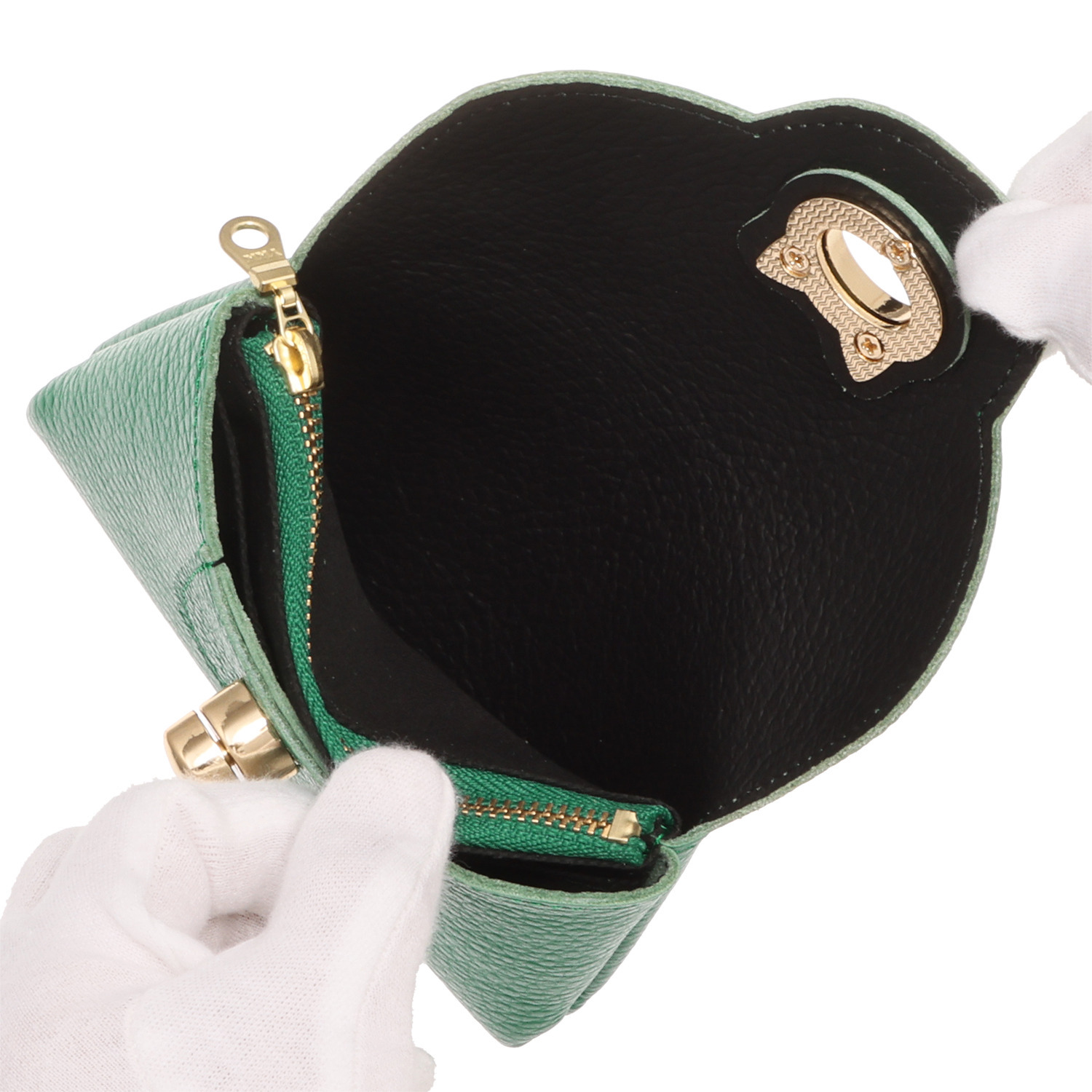 ズッケロ ＬＷＧ認証　ポレット社 ダブルフェイス イタリアンレザー ねこモティーフ金具 ショートウォレット