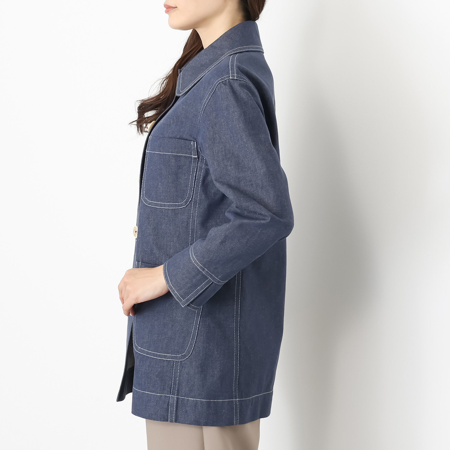 ジュンコ　シマダ 配色ステッチ デニムハーフコート