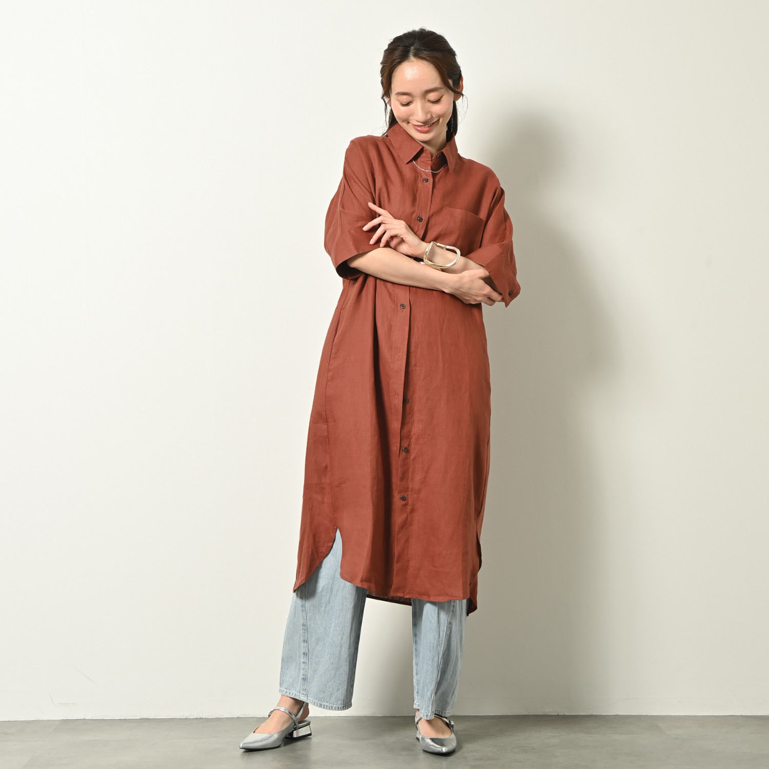 ゼラールスポーツ フレンチリネン１００％ しなやか＆ソフト仕上げ ドルマンデザイン シャツワンピース