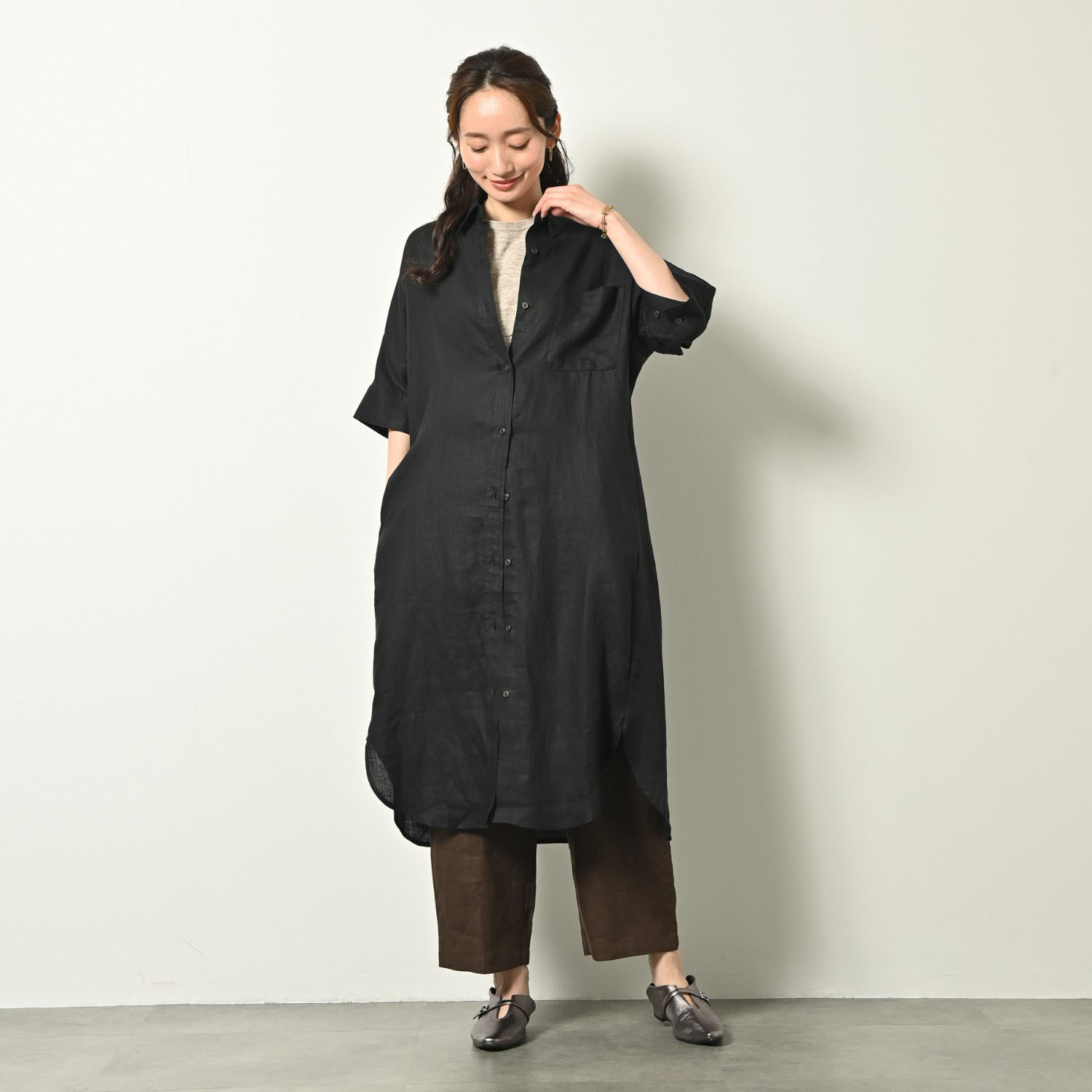 ゼラールスポーツ フレンチリネン１００％ しなやか＆ソフト仕上げ ドルマンデザイン シャツワンピース