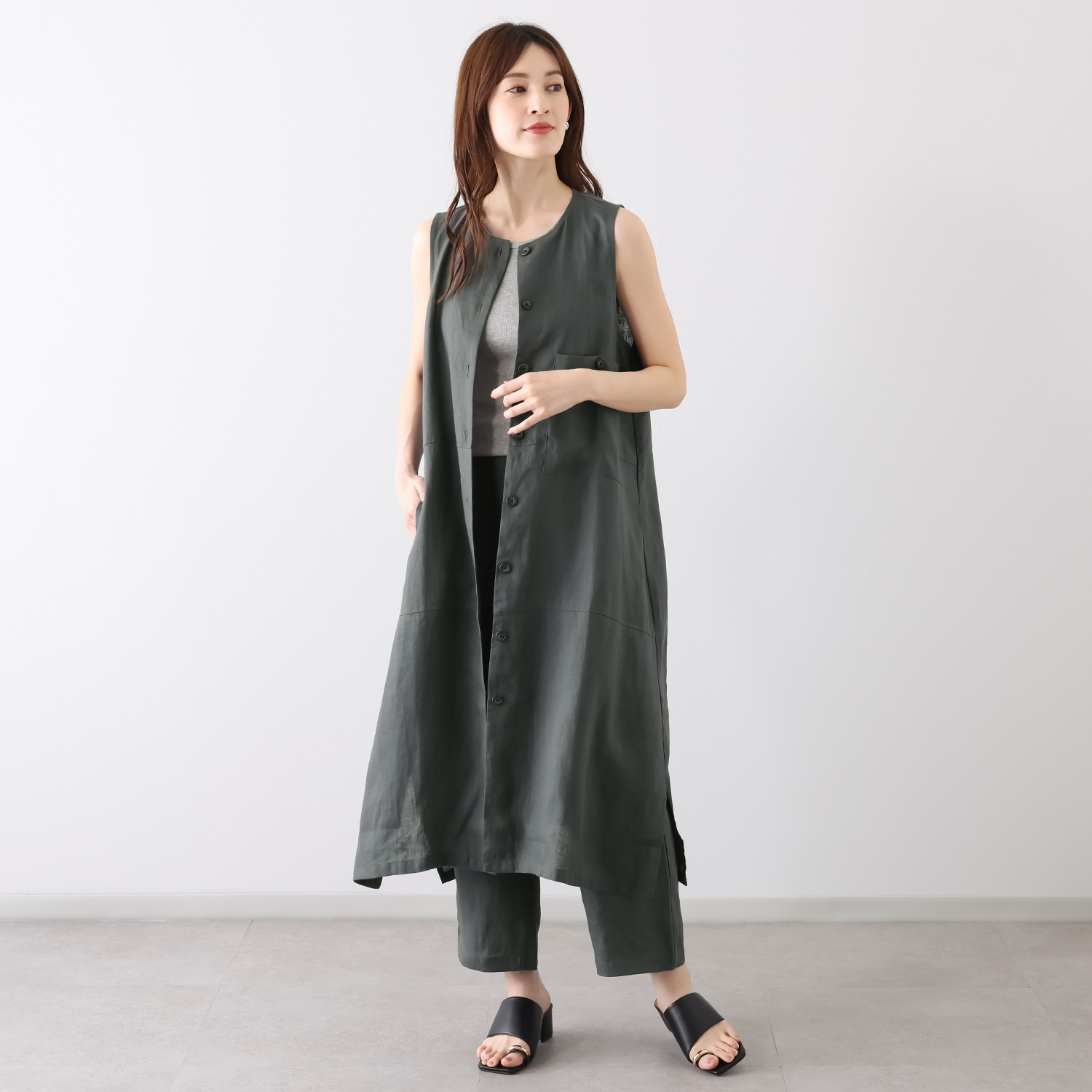 ゼラールスポーツ フレンチリネン１００％ しなやか＆ソフト仕上げ ポケットデザイン ロングジレ