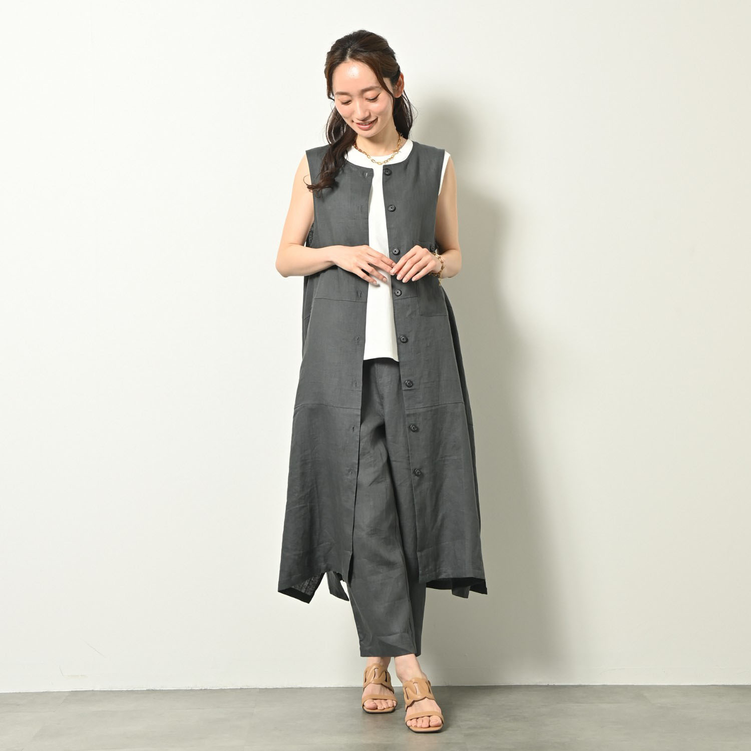 ゼラールスポーツ フレンチリネン１００％ しなやか＆ソフト仕上げ ポケットデザイン ロングジレ