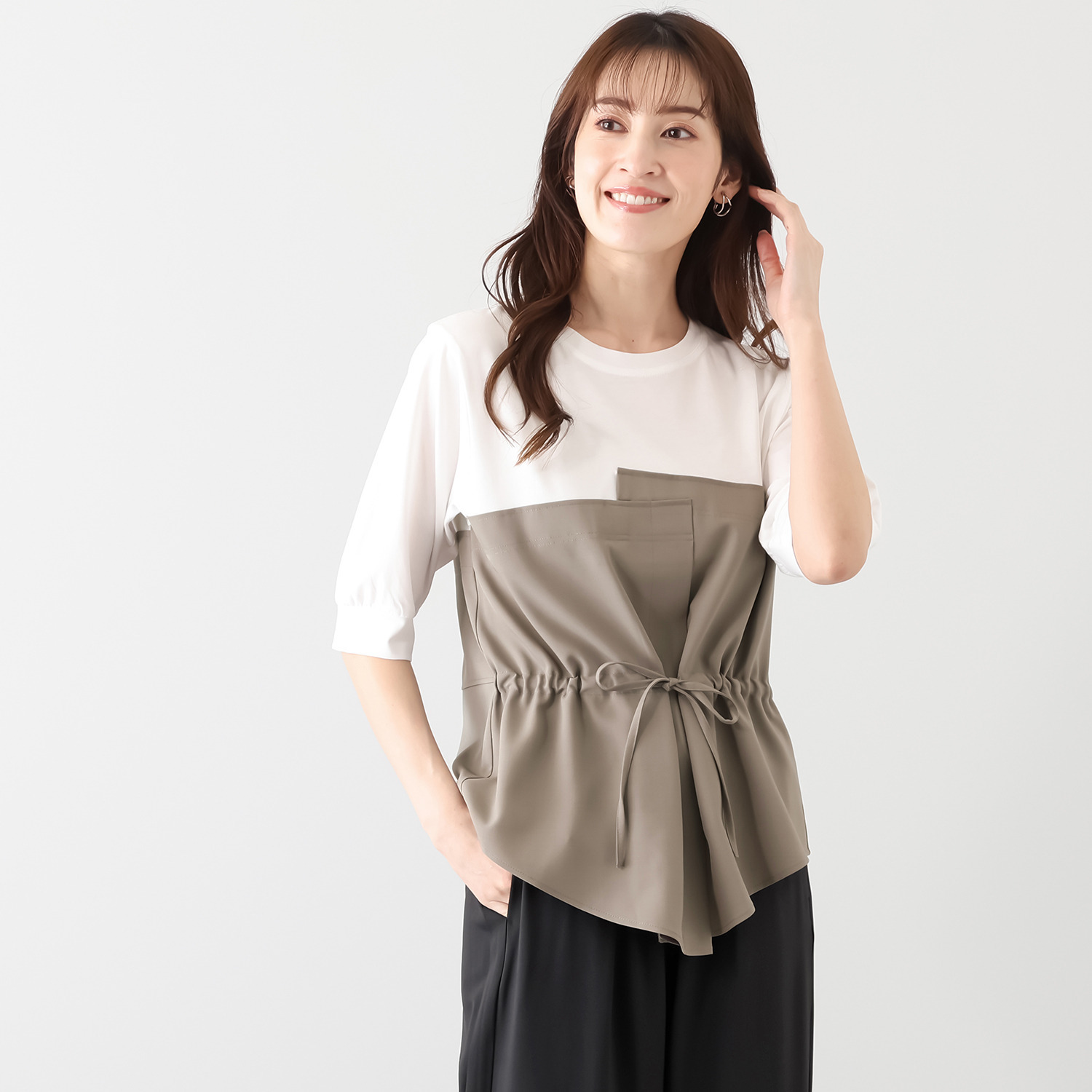 スタイル・ラヴィー 異素材ミックス ドッキングビスチェ 五分袖プルオーバー