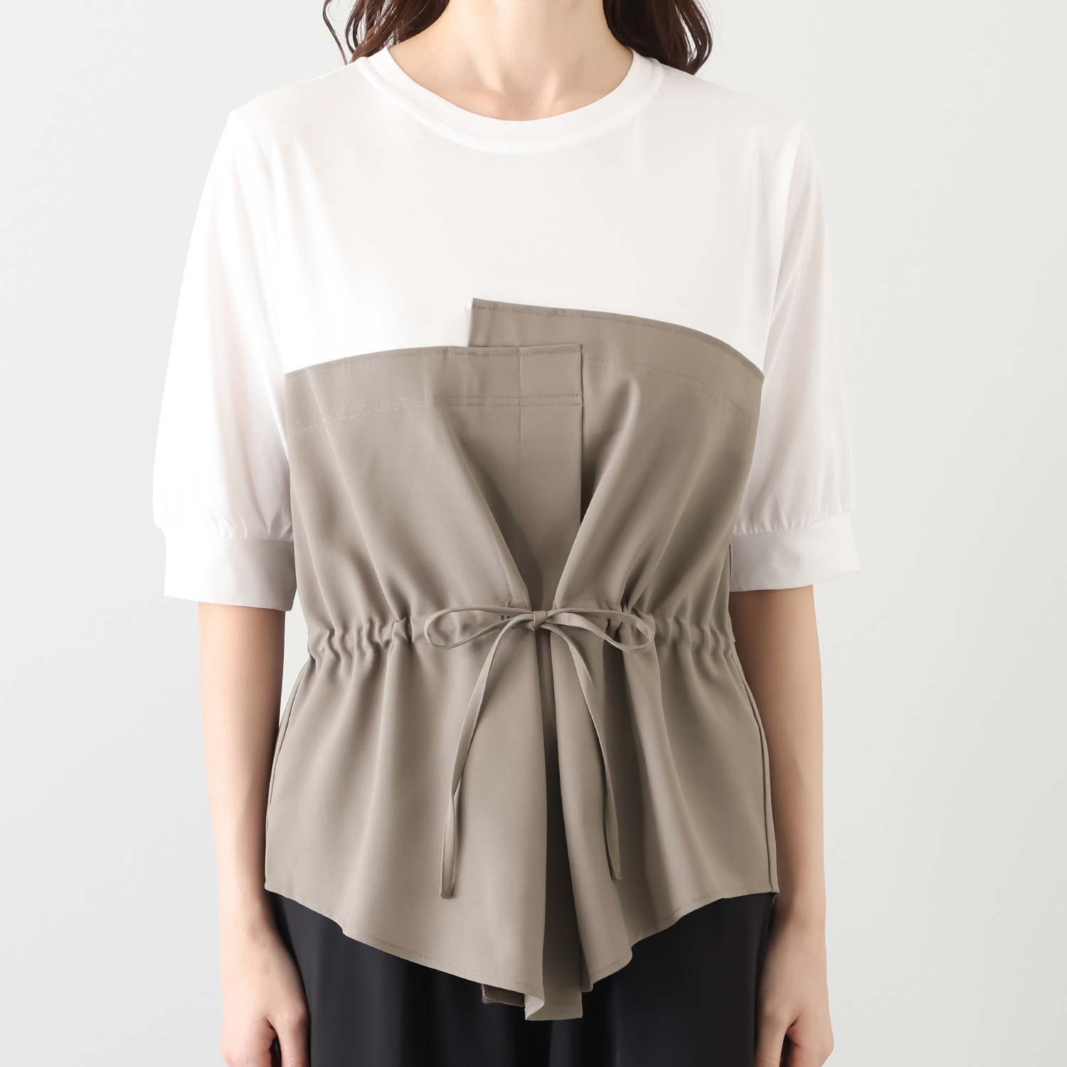 スタイル・ラヴィー 異素材ミックス ドッキングビスチェ 五分袖プルオーバー