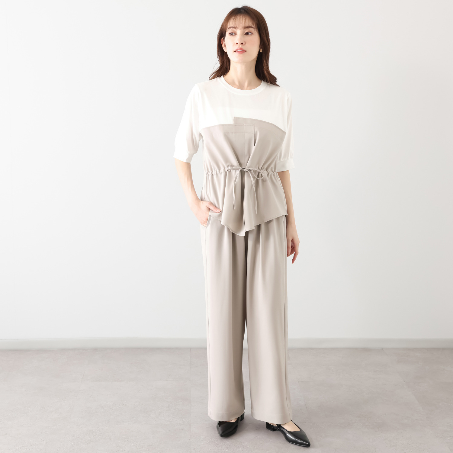 スタイル・ラヴィー 異素材ミックス ドッキングビスチェ 五分袖プルオーバー