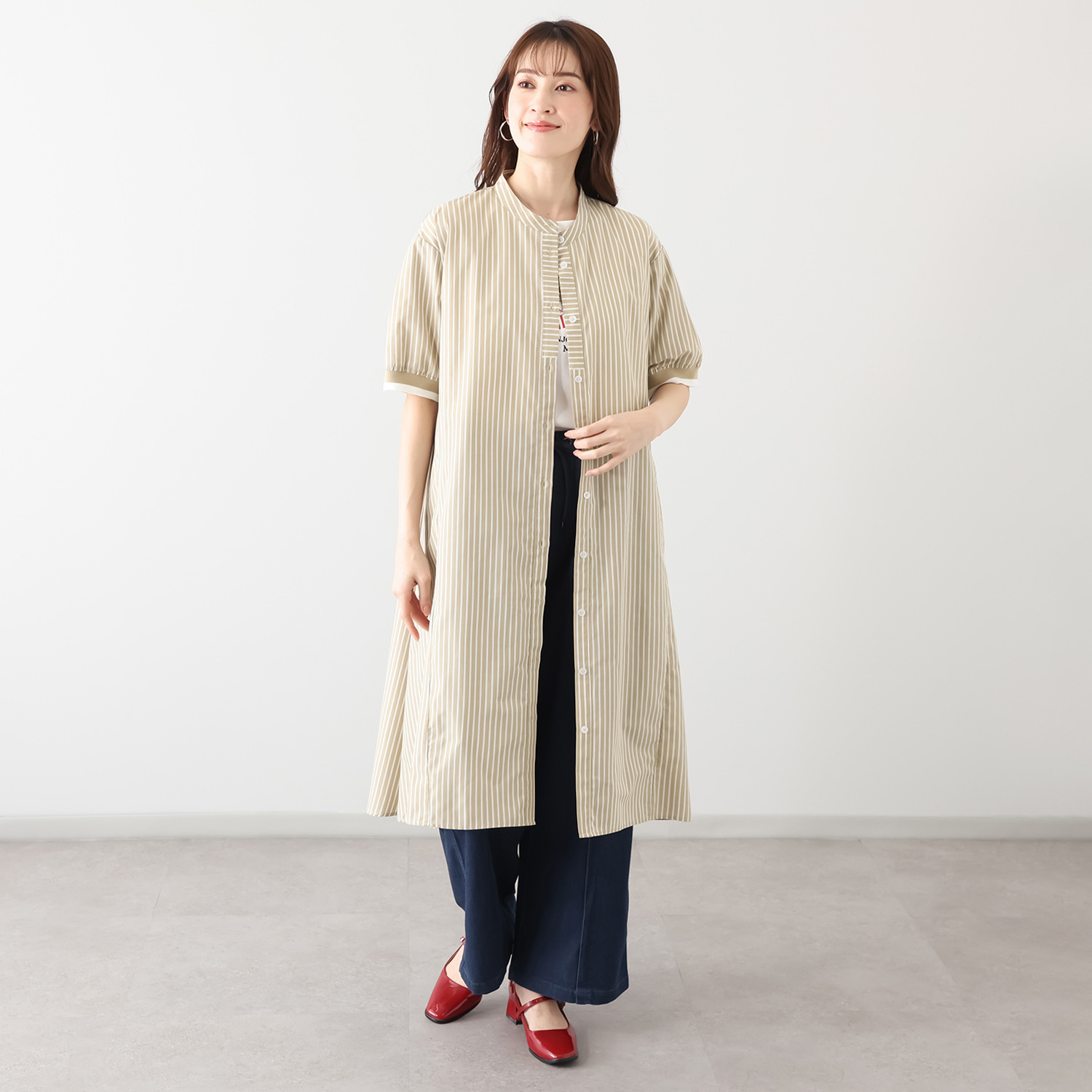 スタイル・ラヴィー 袖リブバイカラー＆ 切替アクセント オリジナルストライプ バンドカラーワンピース