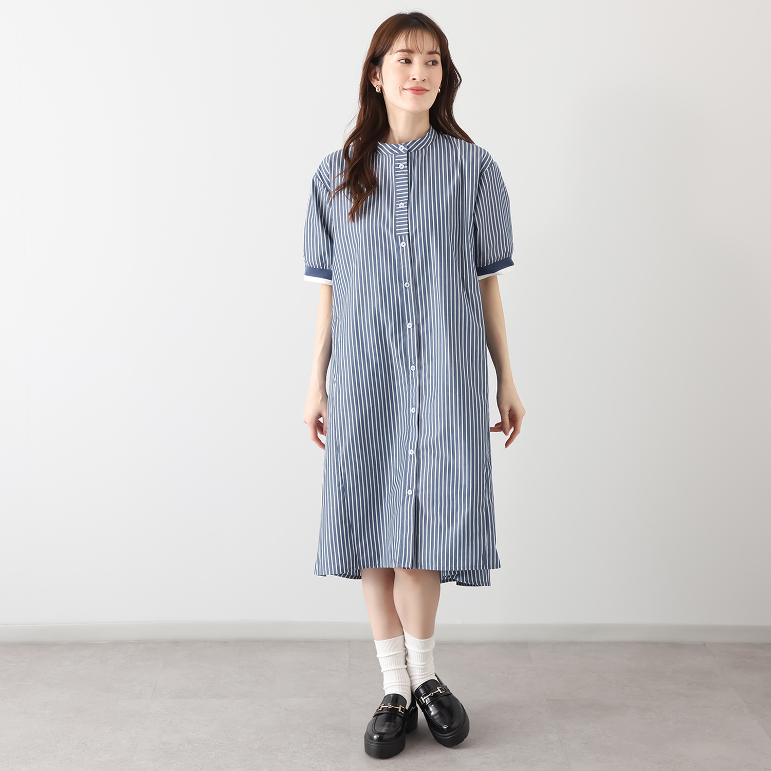 スタイル・ラヴィー 袖リブバイカラー＆ 切替アクセント オリジナルストライプ バンドカラーワンピース